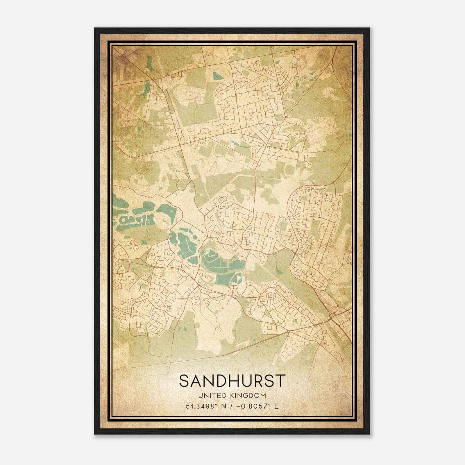 Vintage Sandhurst United Kingdom Map Poster, Sandhurst City Road Wall Art Print