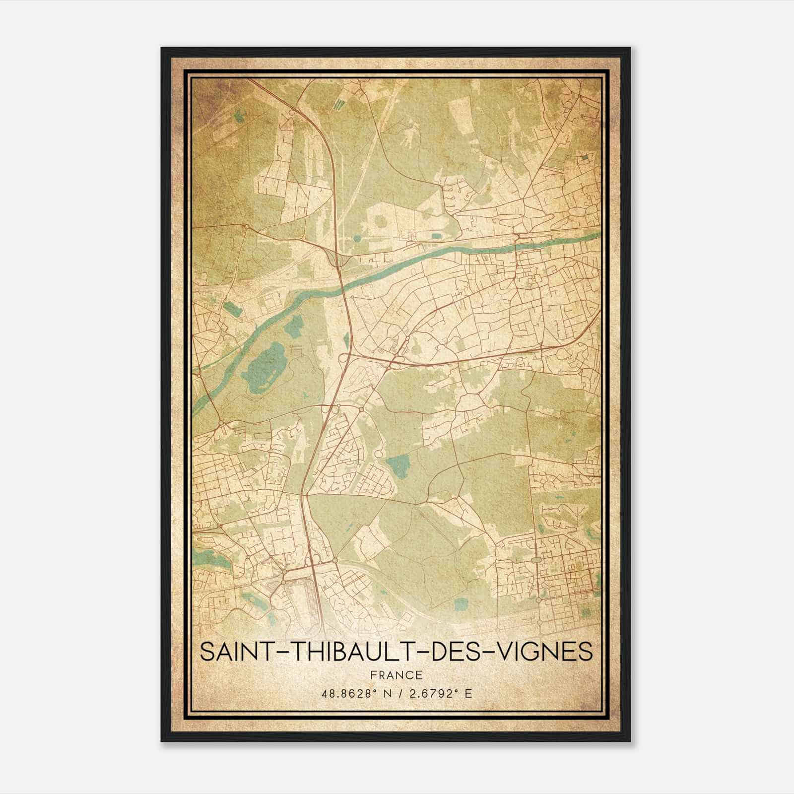 Vintage Saint-Thibault-des-Vignes France Map Poster, Saint-Thibault-des-Vignes City Road Wall Art Print