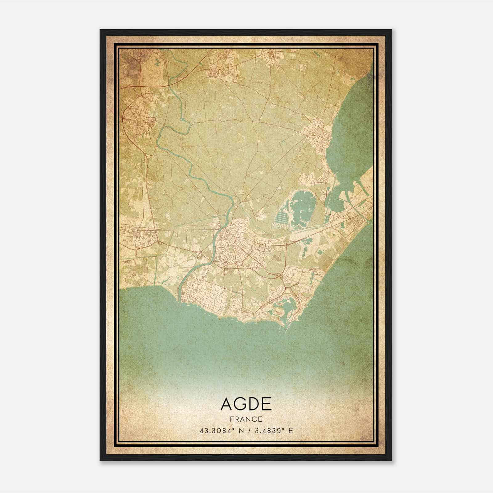 Vintage Agde France Map Poster, Agde City Road Wall Art Print
