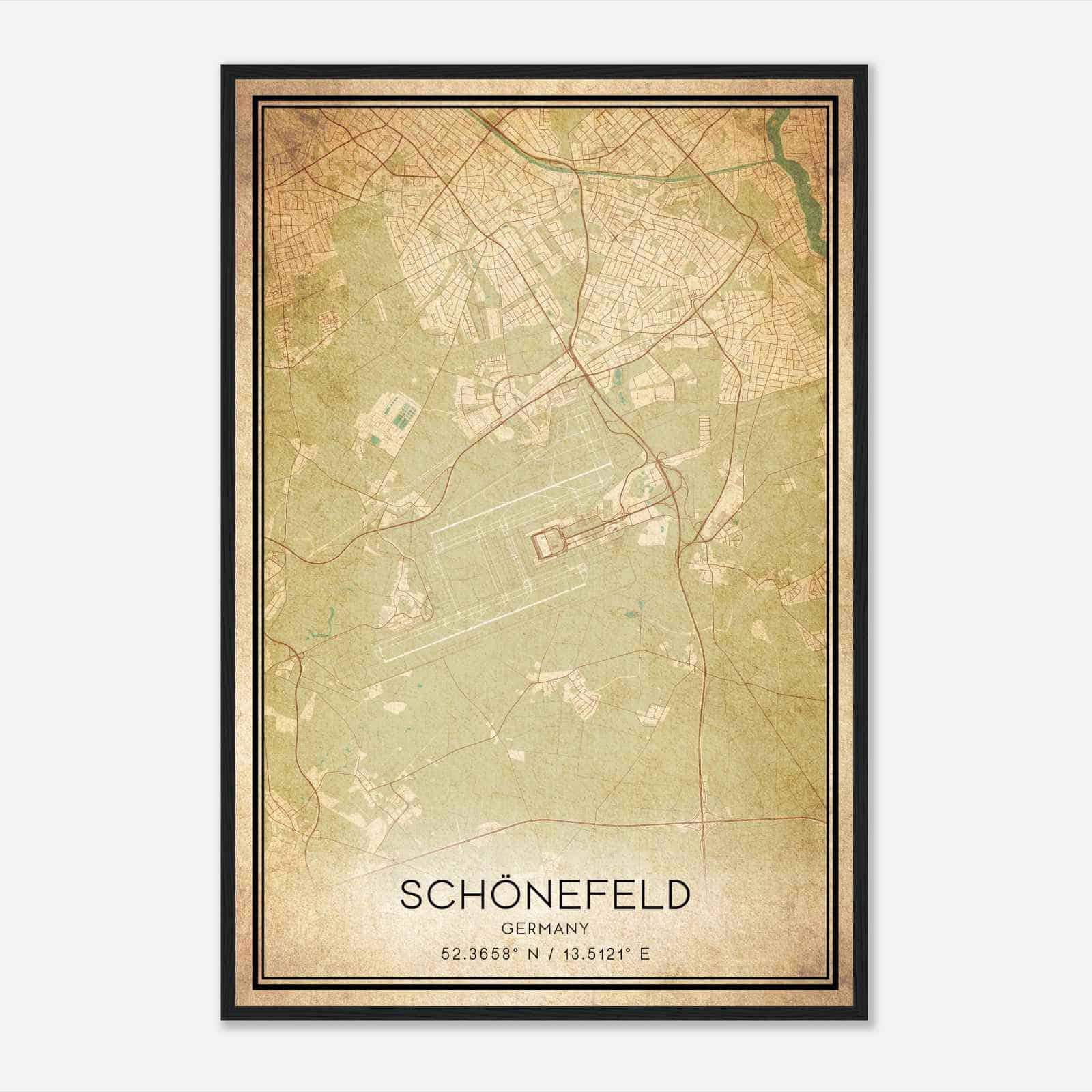 Vintage Schonefeld Germany Map Poster, Schonefeld City Road Wall Art Print