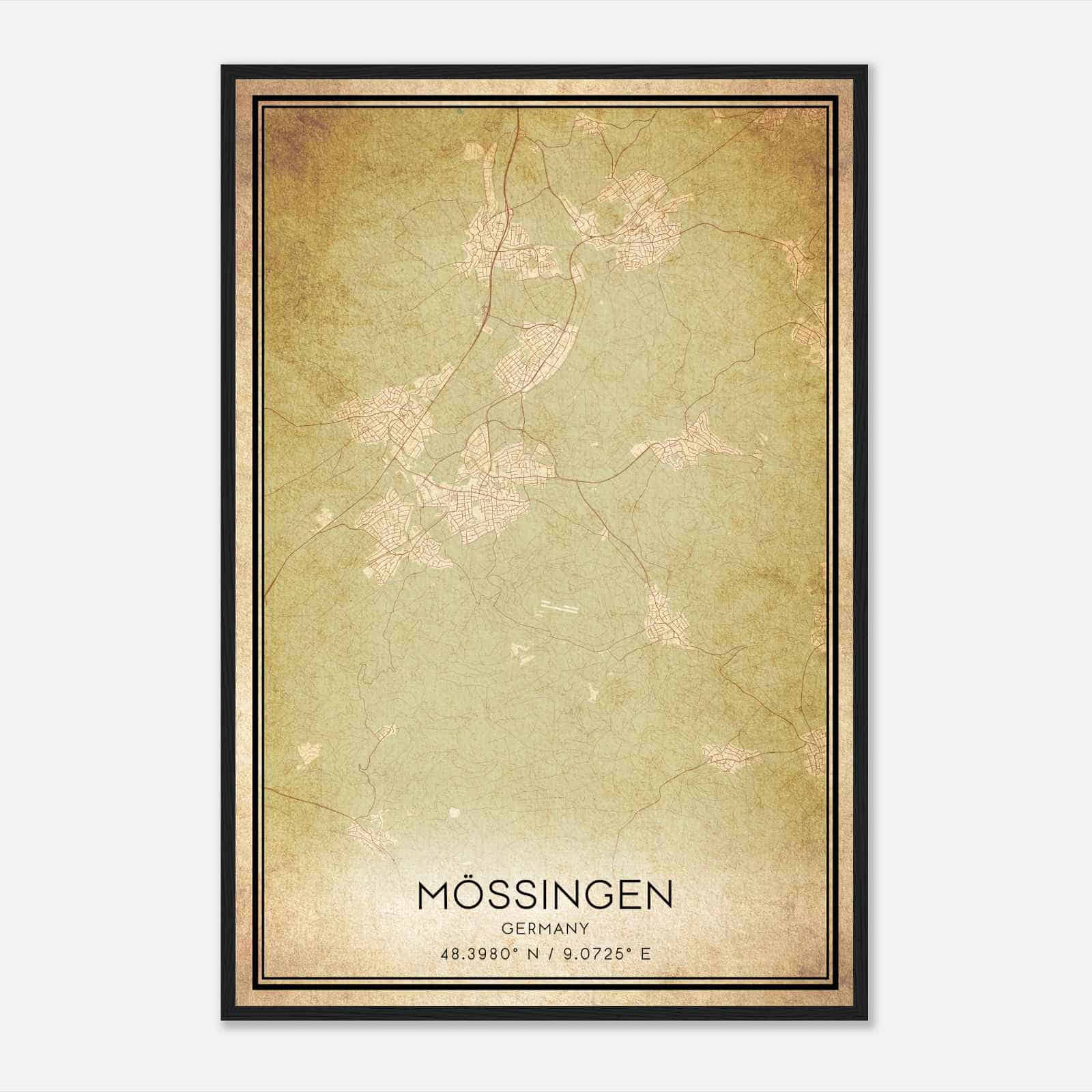 Vintage Mossingen Germany Map Poster, Mossingen City Road Wall Art Print