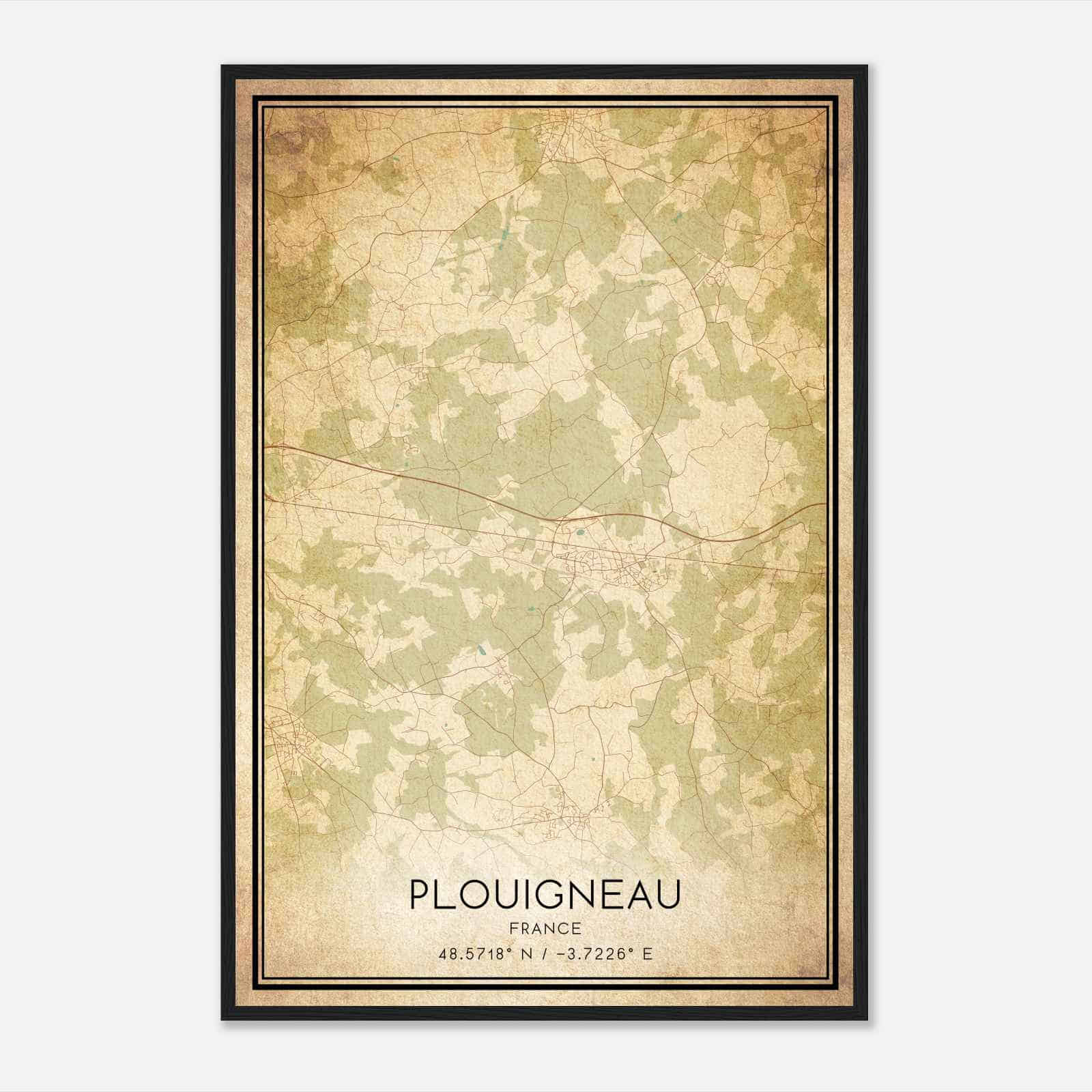 Vintage Plouigneau France Map Poster, Plouigneau City Road Wall Art Print