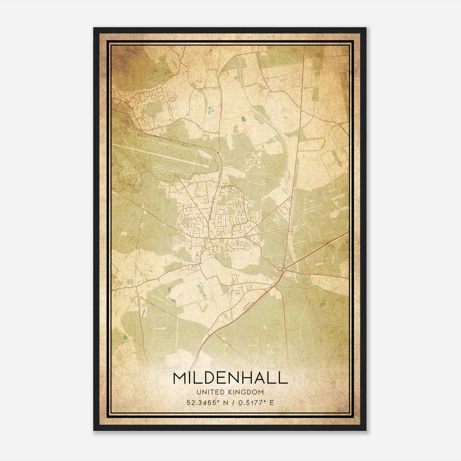 Vintage Mildenhall United Kingdom Map Poster, Mildenhall City Road Wall Art Print