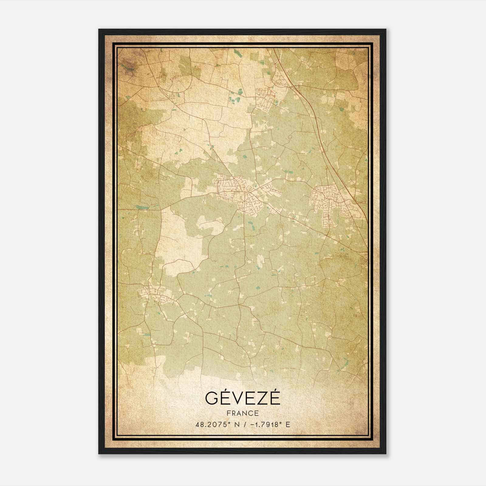Vintage Geveze France Map Poster, Geveze City Road Wall Art Print