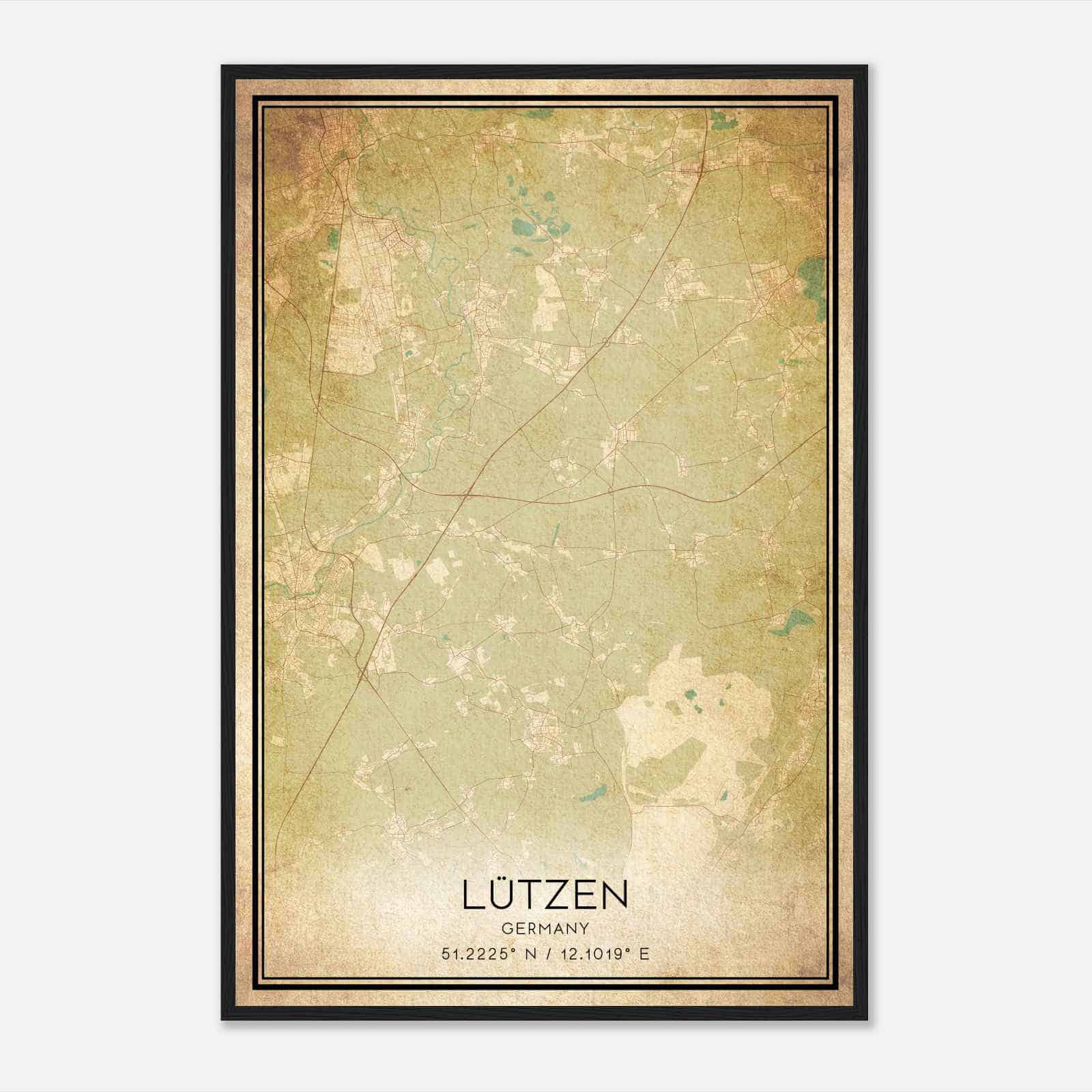 Vintage Lutzen Germany Map Poster, Lutzen City Road Wall Art Print