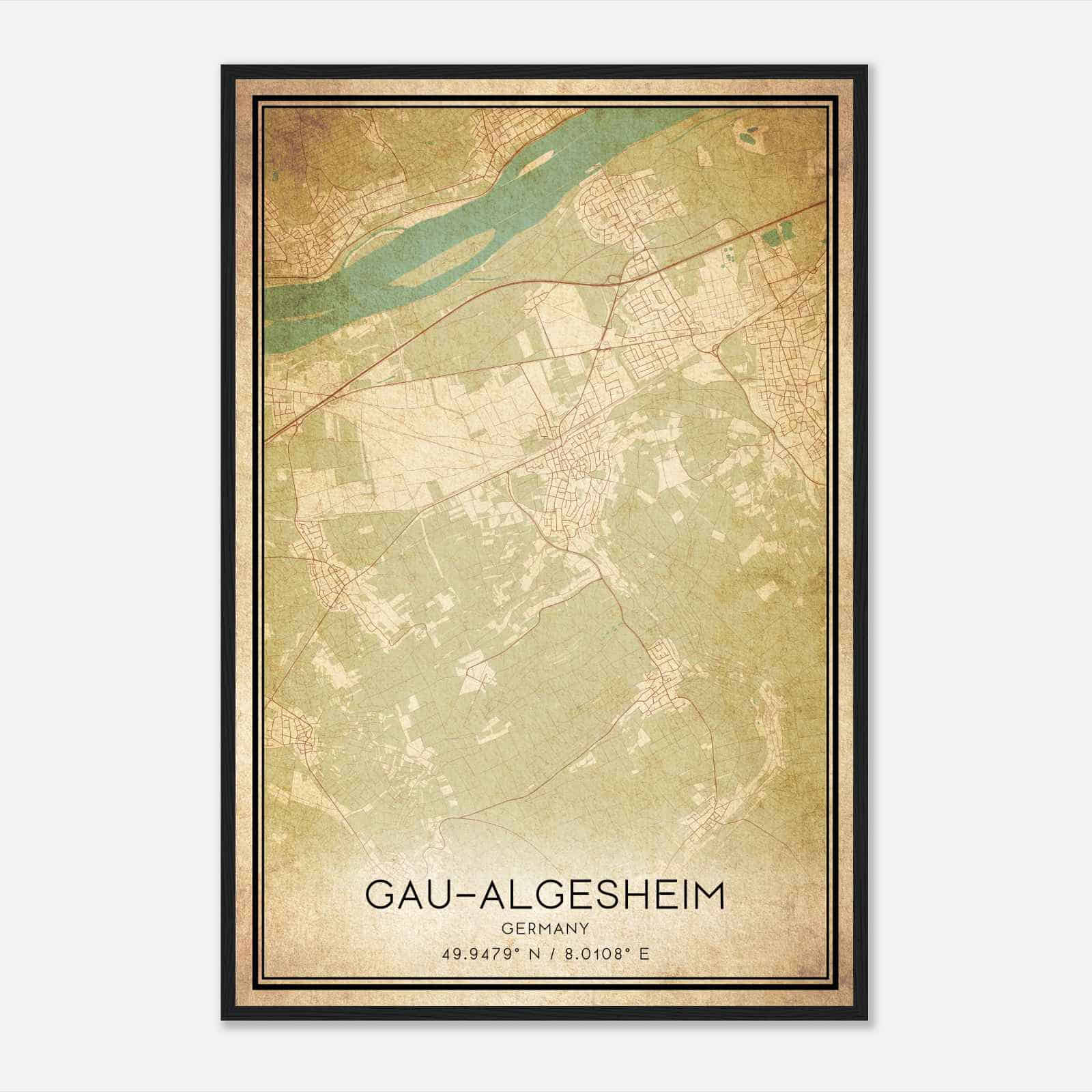 Vintage Gau-Algesheim Germany Map Poster, Gau-Algesheim City Road Wall Art Print