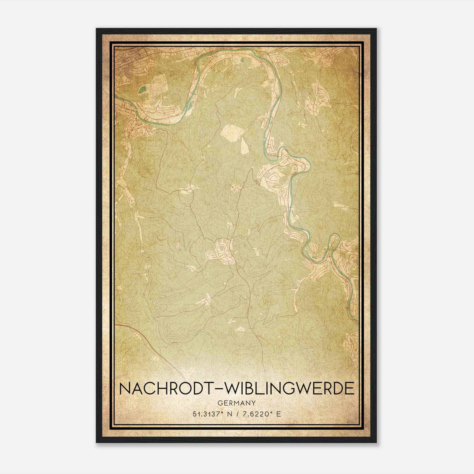 Vintage Nachrodt-Wiblingwerde Germany Map Poster, Nachrodt-Wiblingwerde City Road Wall Art Print