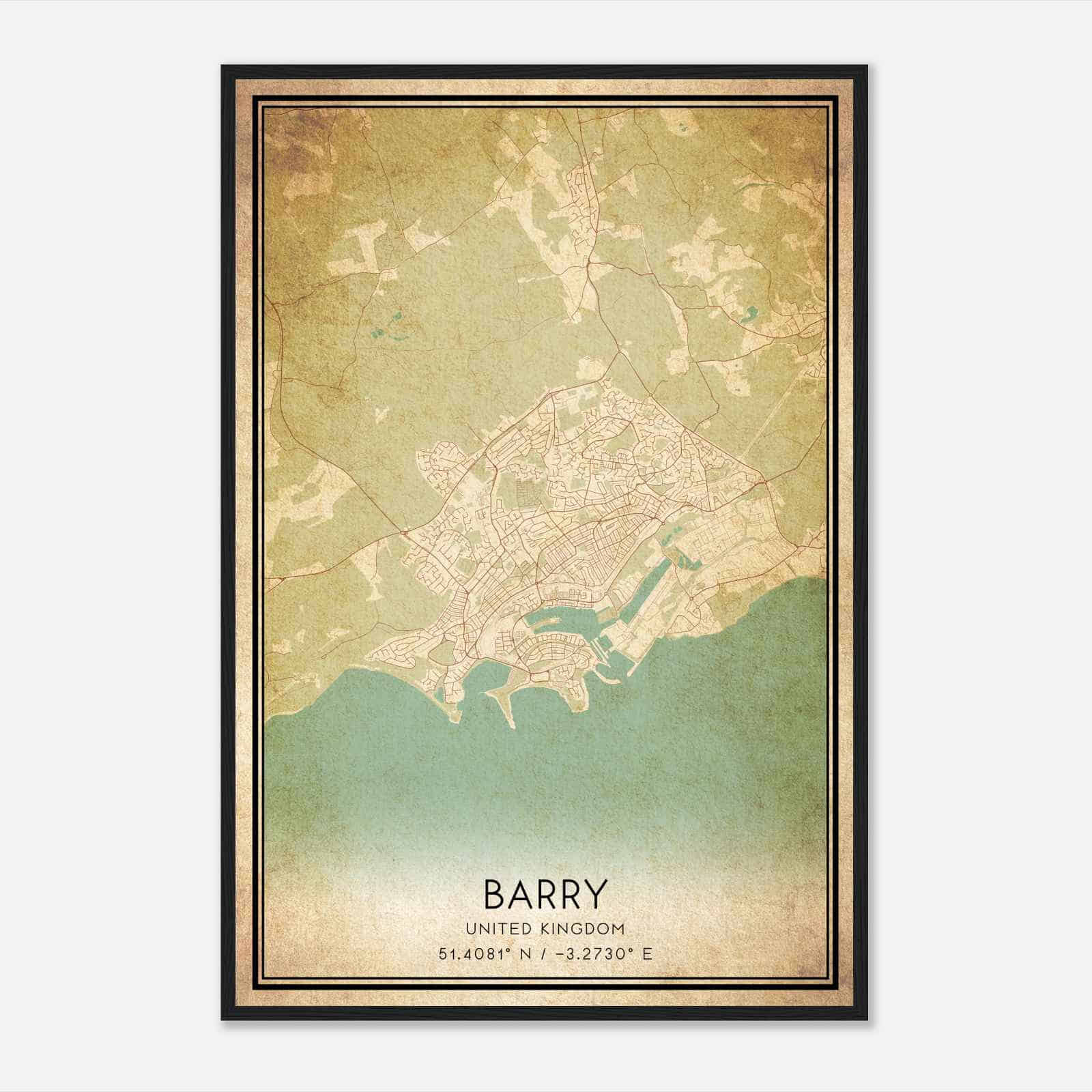 Vintage Barri United Kingdom Map Poster, Barri City Road Wall Art Print