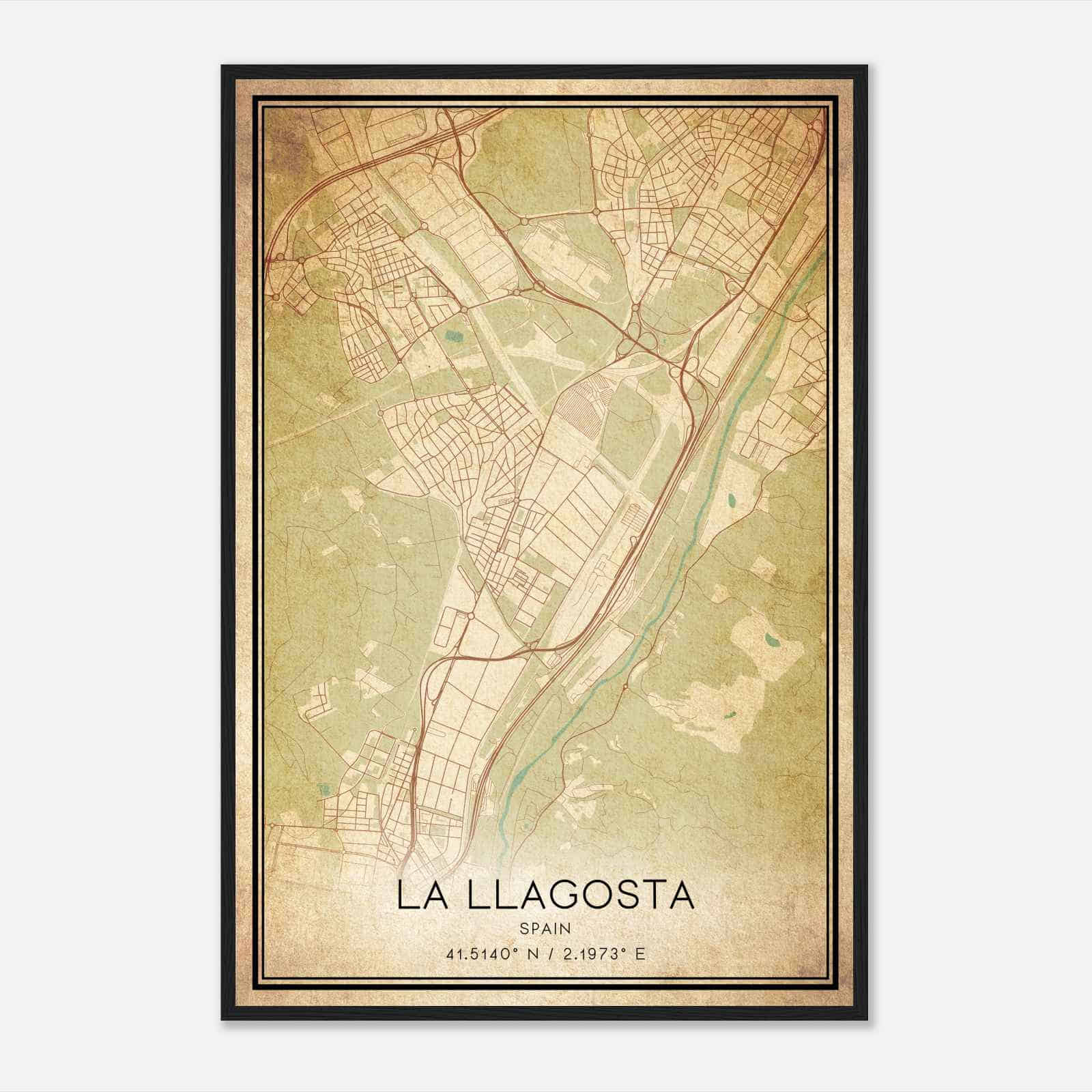 Vintage La Llagosta Spain Map Poster, La Llagosta City Road Wall Art Print