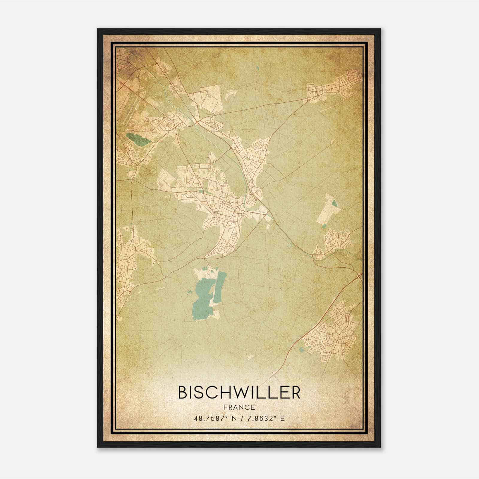 Vintage Bischwiller France Map Poster, Bischwiller City Road Wall Art Print