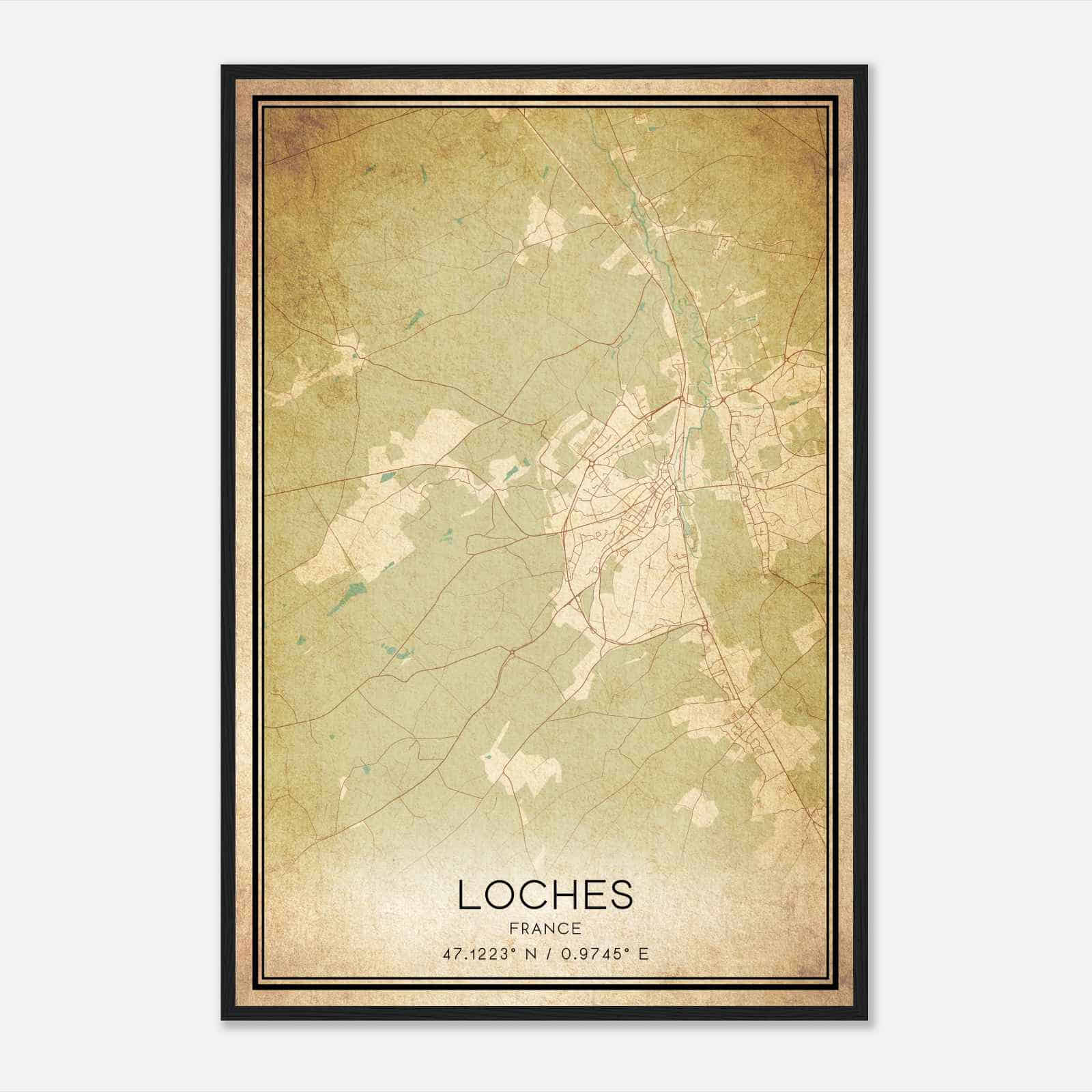 Vintage Loches France Map Poster, Loches City Road Wall Art Print