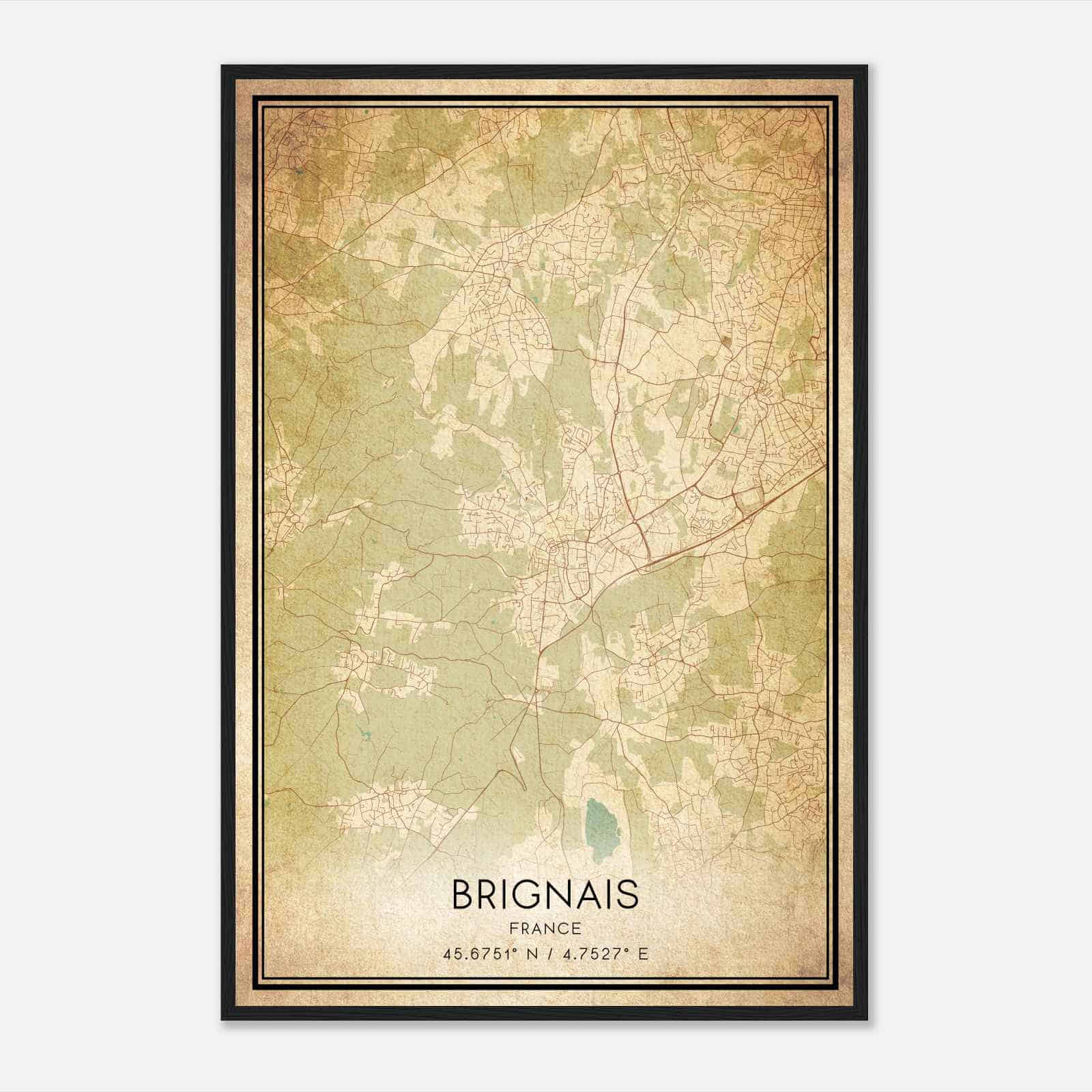 Vintage Brignais France Map Poster, Brignais City Road Wall Art Print