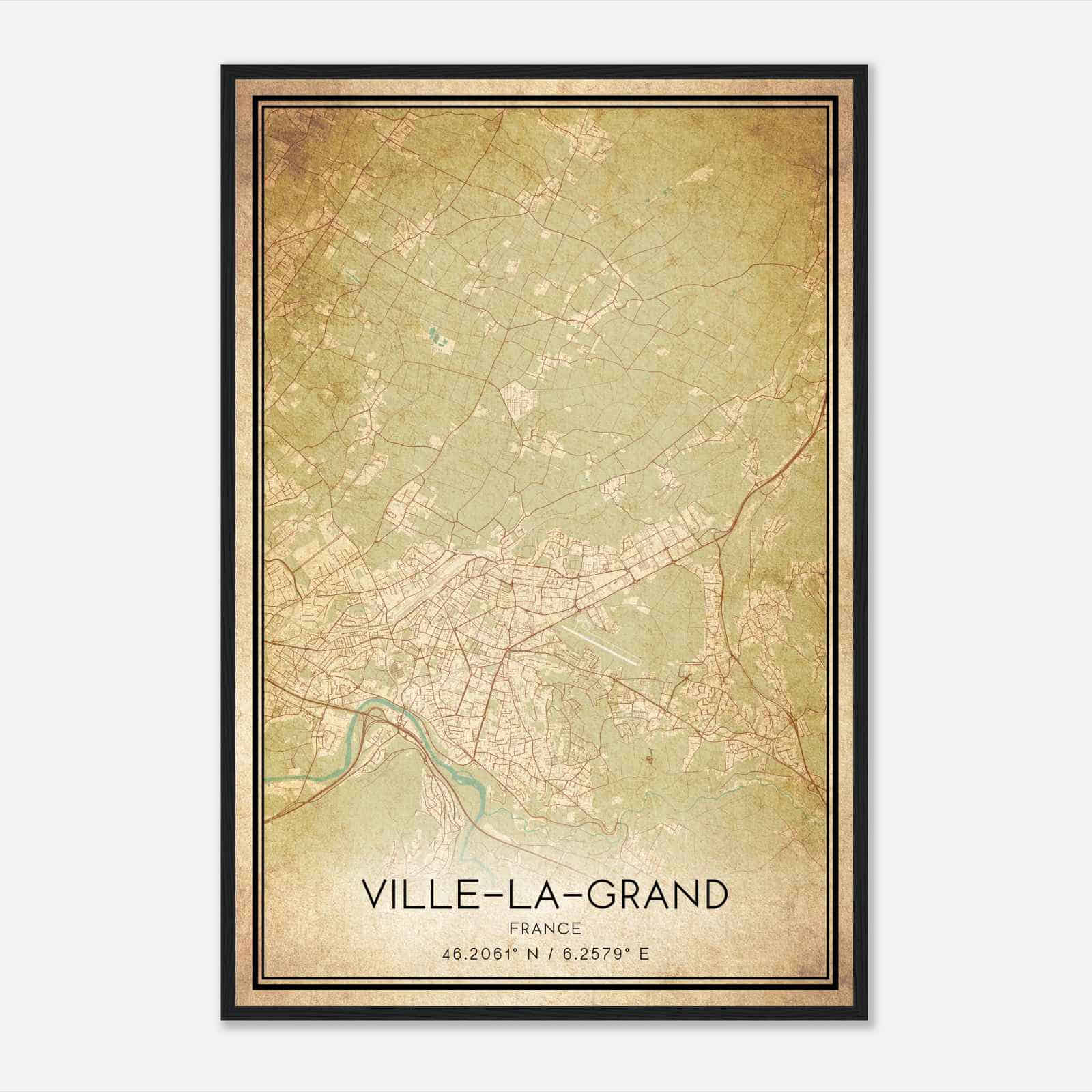 Vintage Ville-la-Grand France Map Poster, Ville-la-Grand City Road Wall Art Print