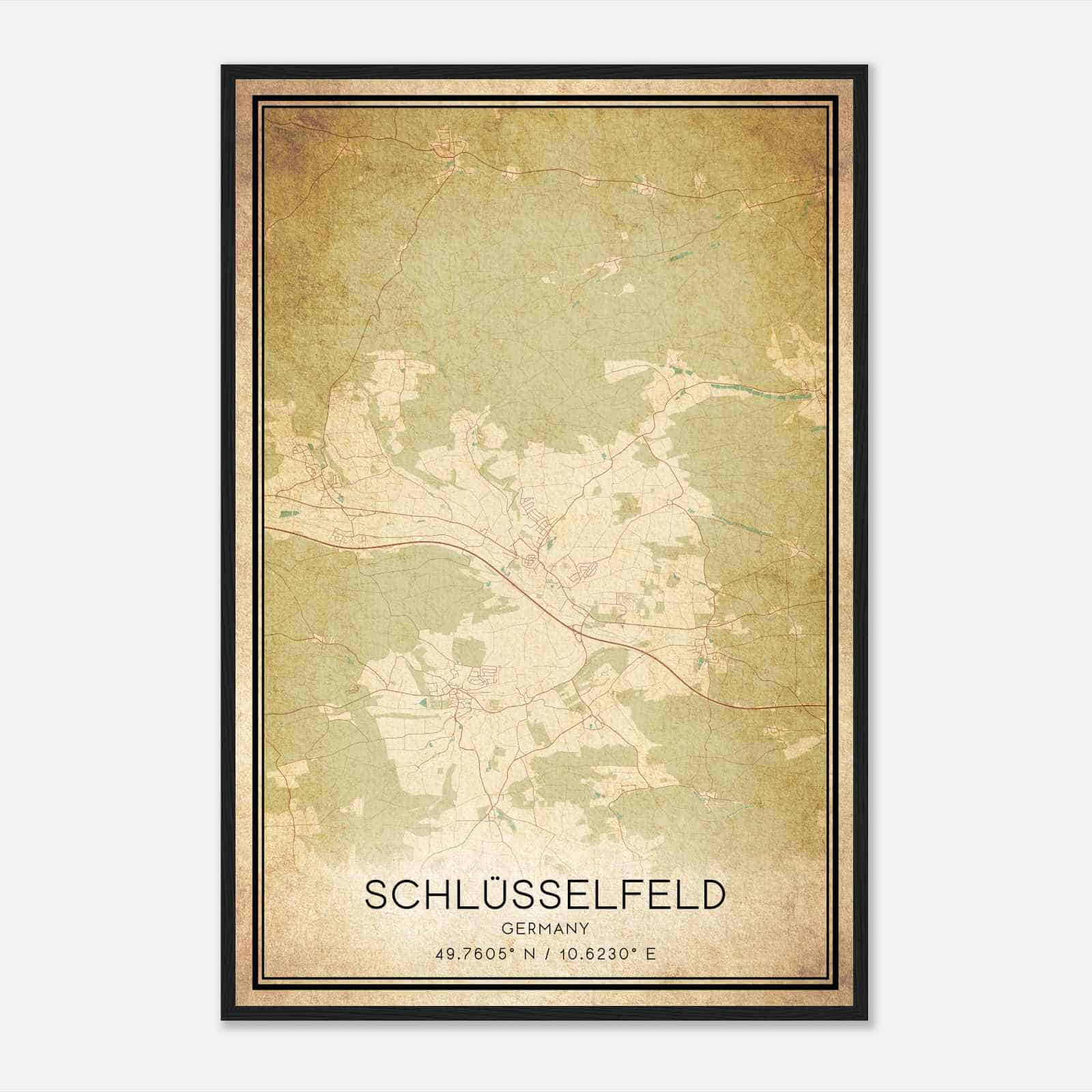 Vintage Schlusselfeld Germany Map Poster, Schlusselfeld City Road Wall Art Print