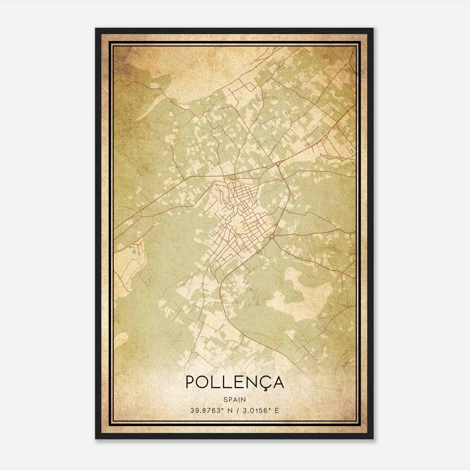 Vintage Pollensa Spain Map Poster, Pollensa City Road Wall Art Print