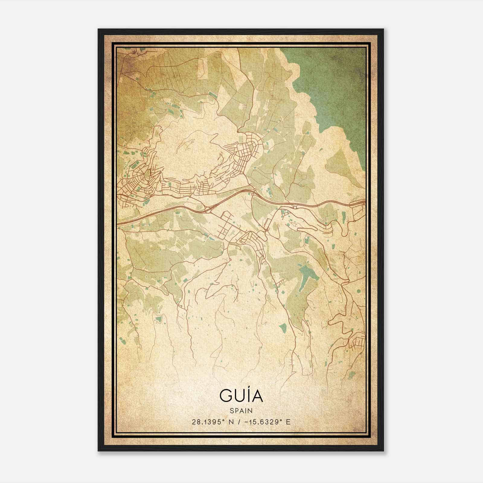 Vintage Guia Spain Map Poster, Guia City Road Wall Art Print