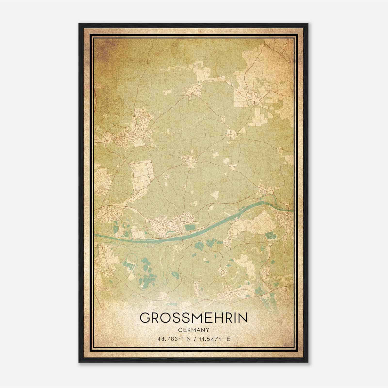 Vintage Grossmehring Germany Map Poster, Grossmehring City Road Wall Art Print