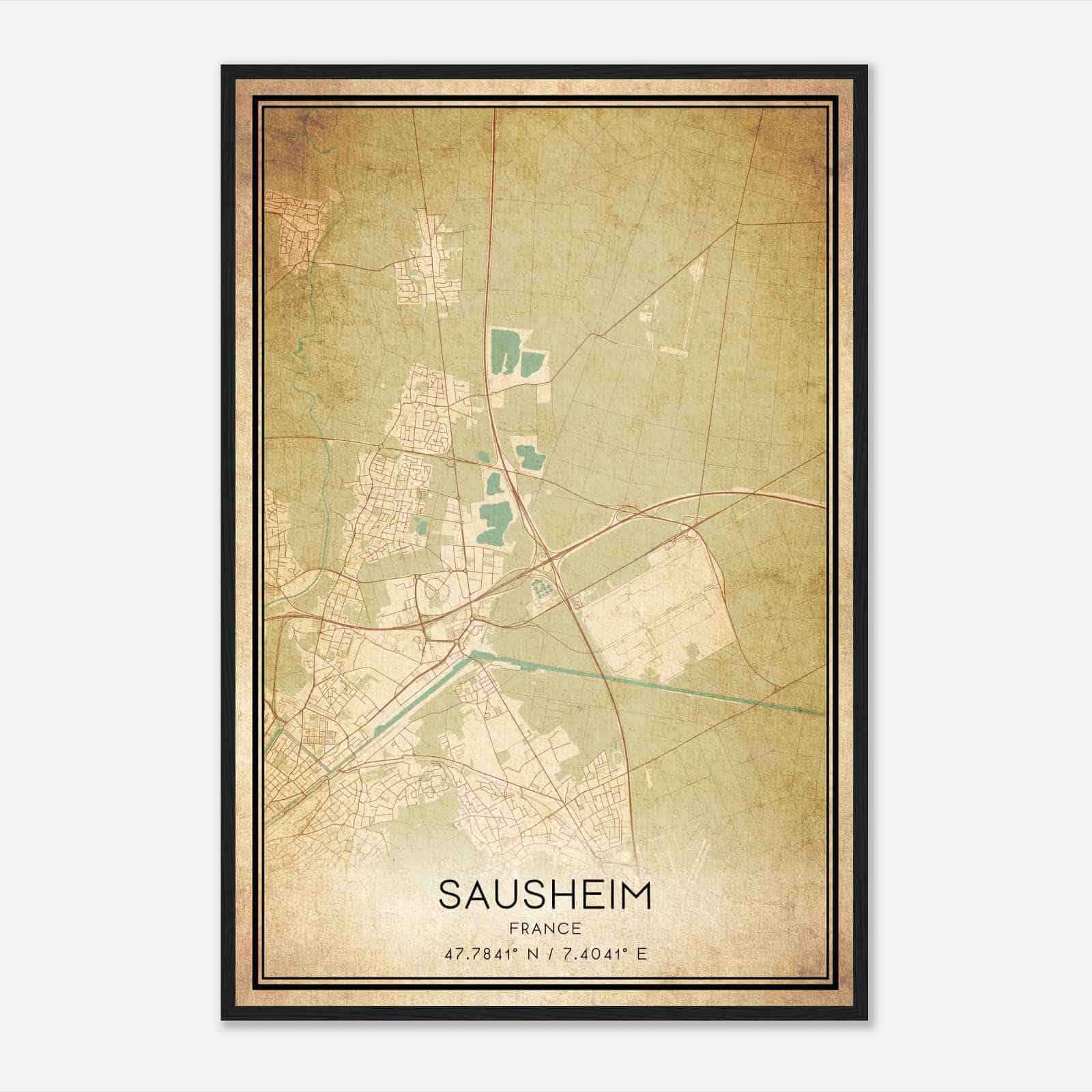 Vintage Sausheim France Map Poster, Sausheim City Road Wall Art Print