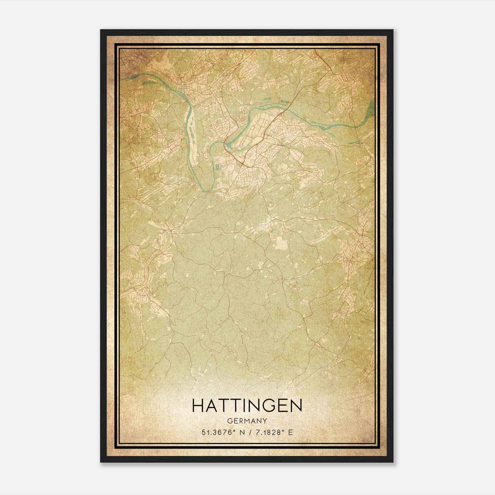Vintage Hattingen Germany Map Poster, Hattingen City Road Wall Art Print