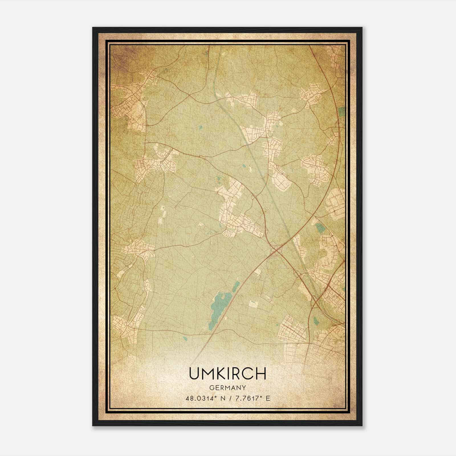 Vintage Umkirch Germany Map Poster, Umkirch City Road Wall Art Print