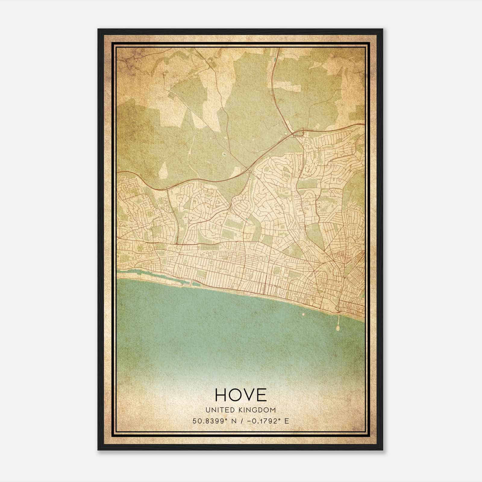 Vintage Hove United Kingdom Map Poster, Hove City Road Wall Art Print