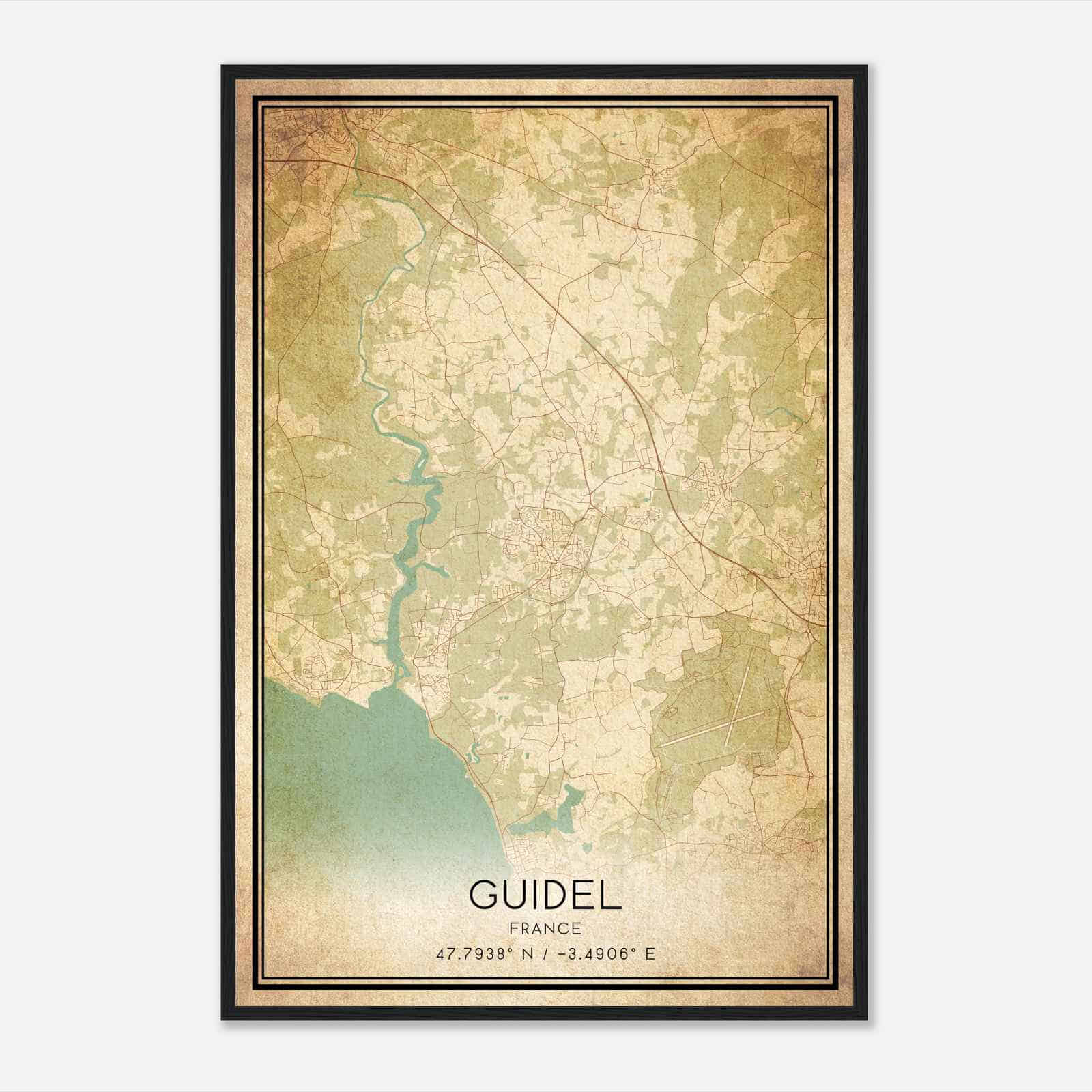Vintage Guidel France Map Poster, Guidel City Road Wall Art Print