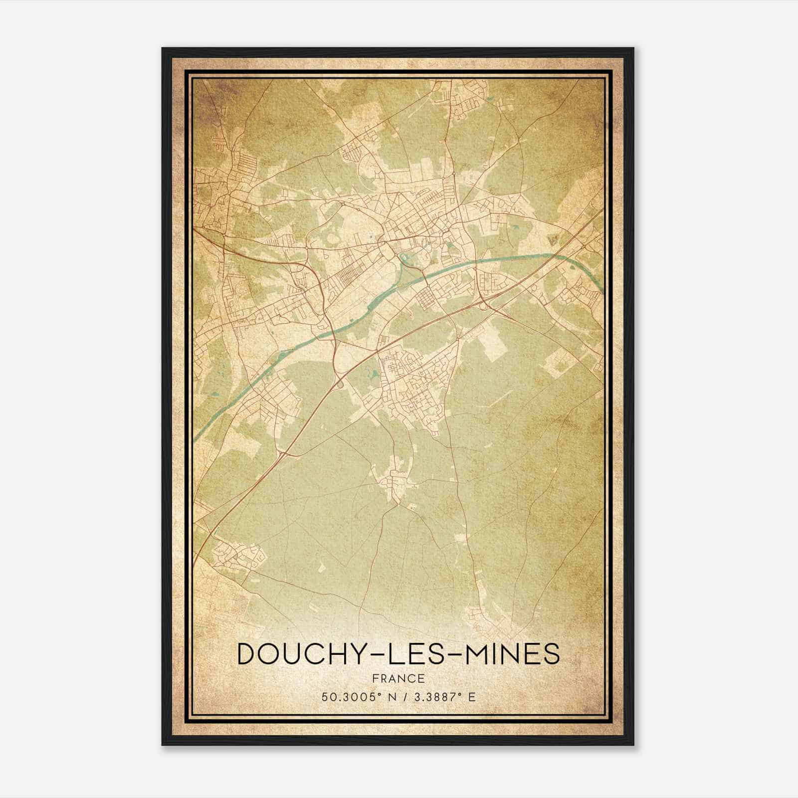 Vintage Douchy-les-Mines France Map Poster, Douchy-les-Mines City Road Wall Art Print