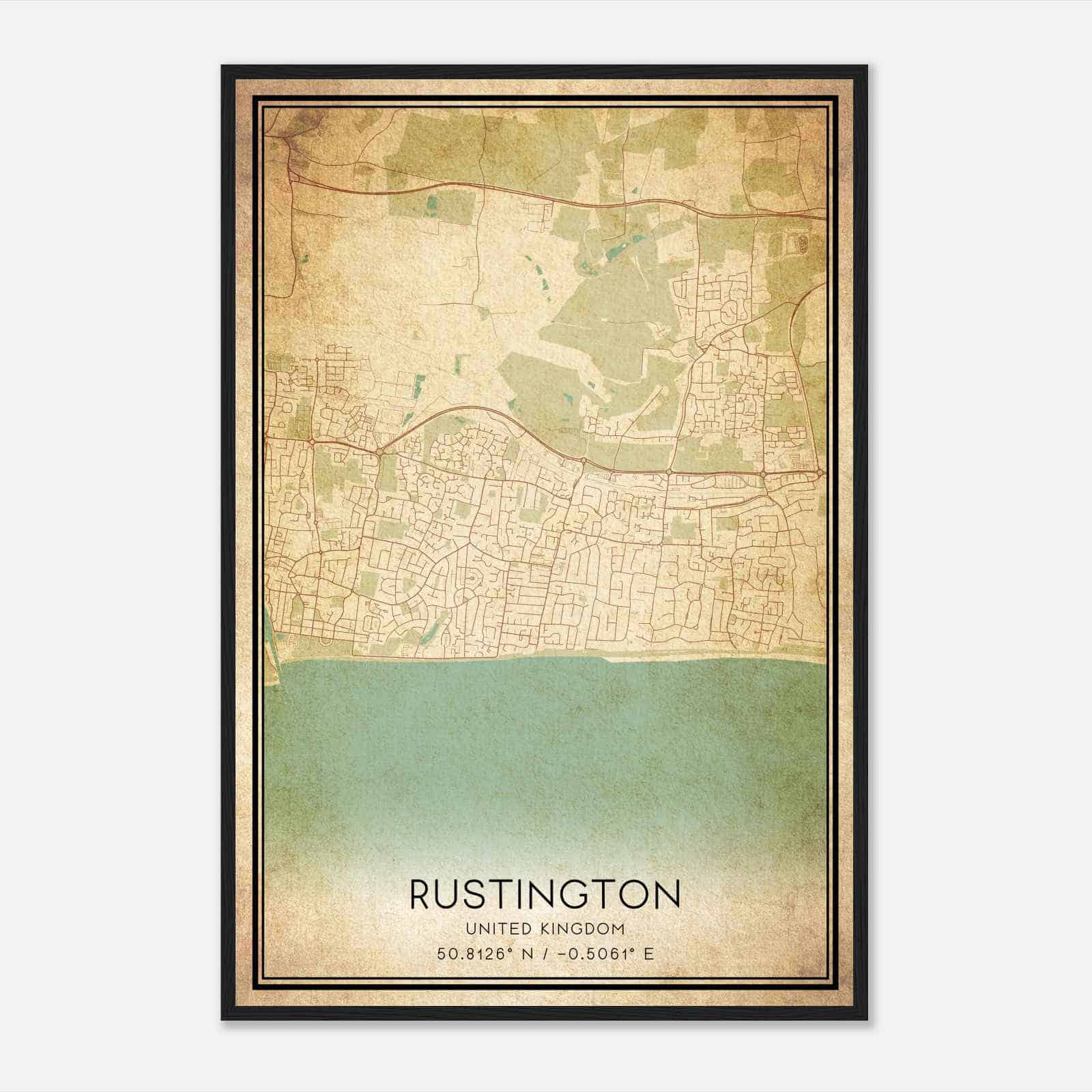 Vintage Rustington United Kingdom Map Poster, Rustington City Road Wall Art Print