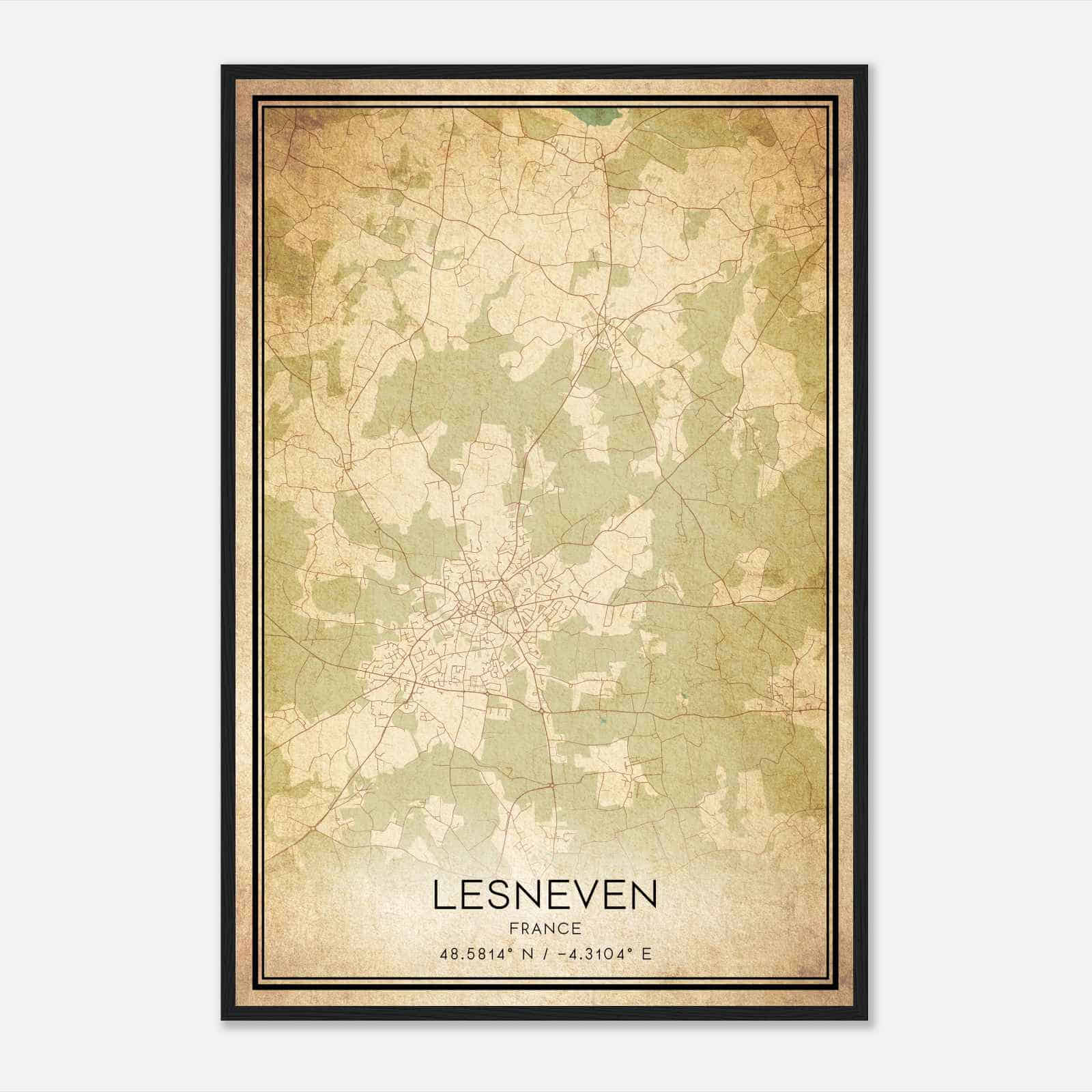 Vintage Lesneven France Map Poster, Lesneven City Road Wall Art Print