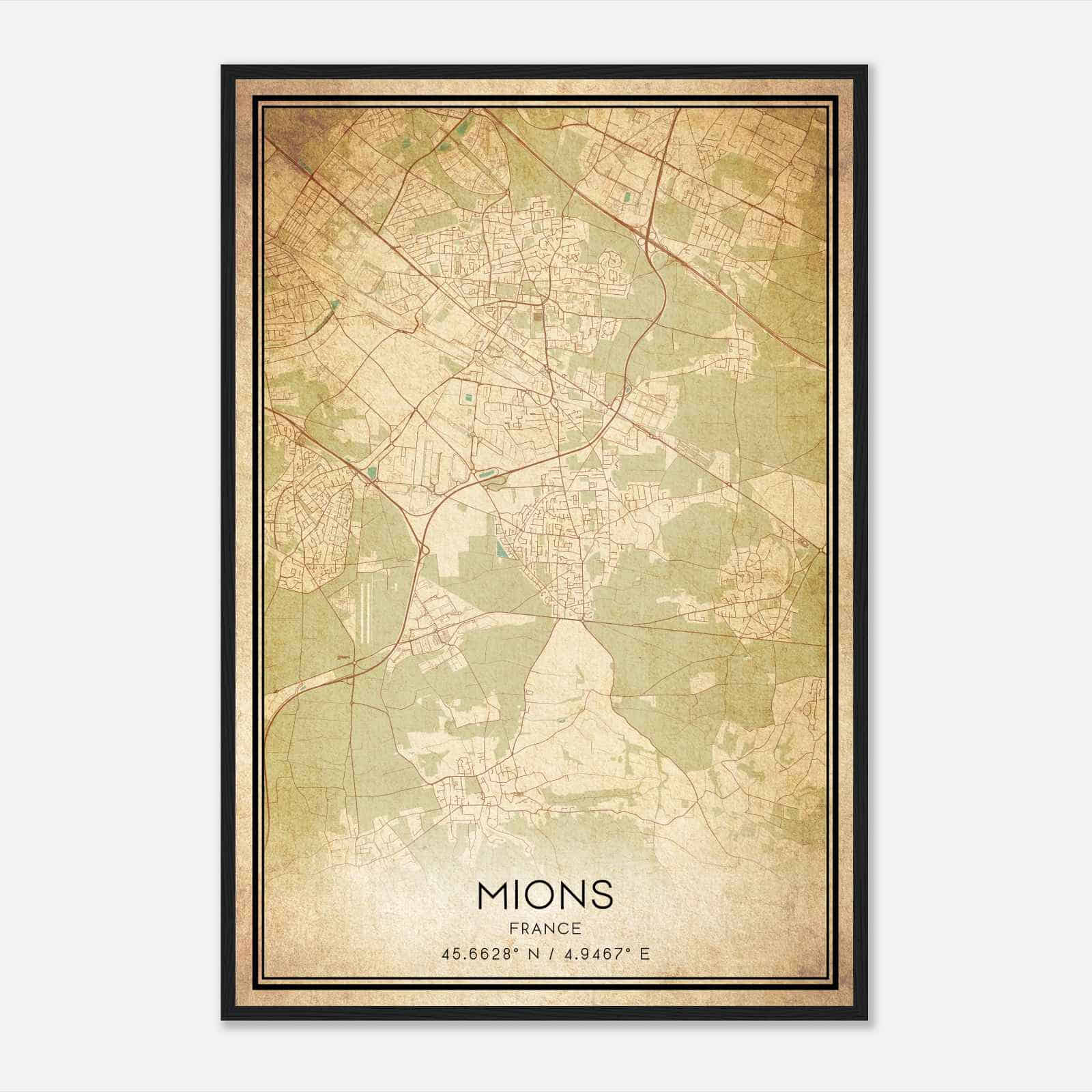 Vintage Mions France Map Poster, Mions City Road Wall Art Print