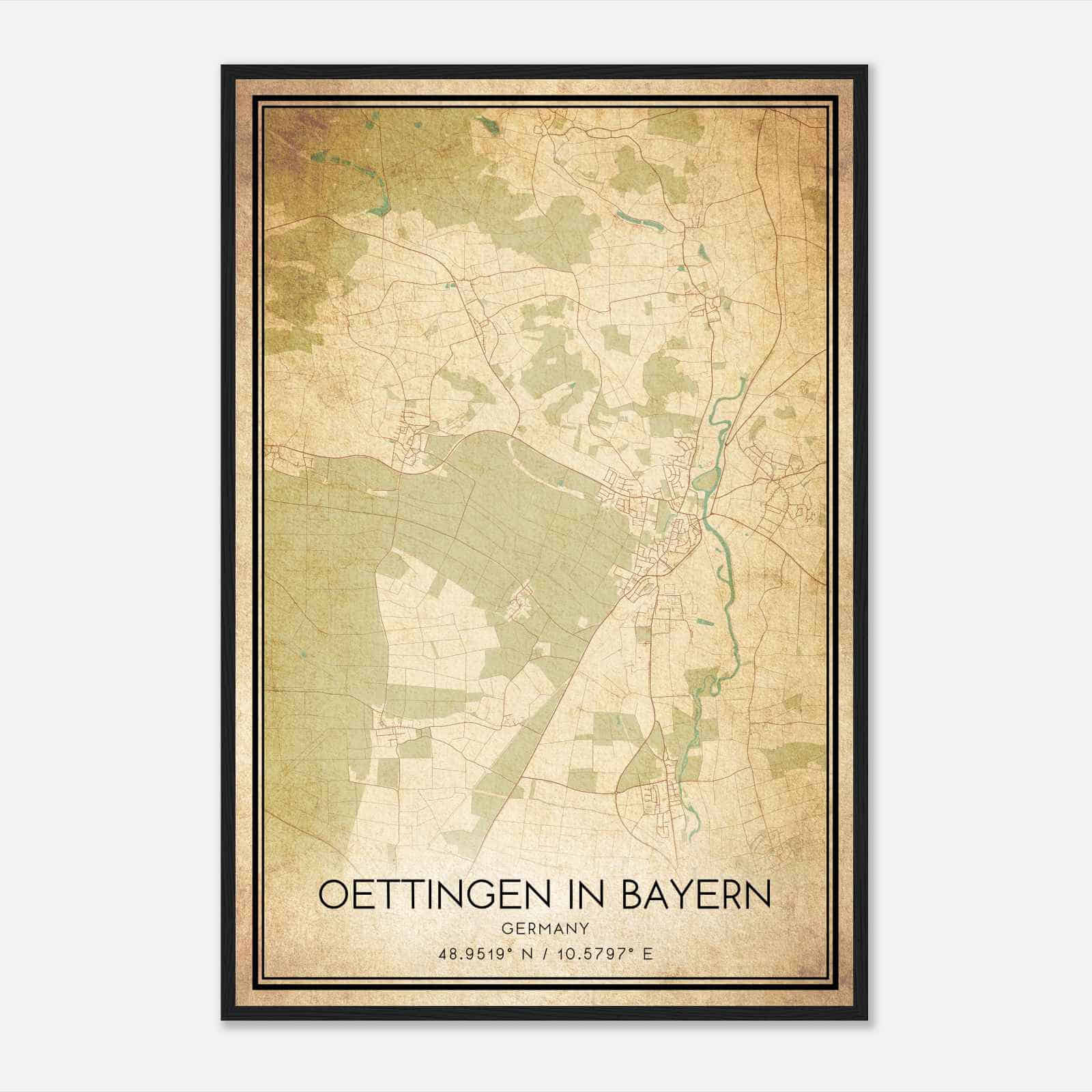 Vintage Oettingen in Bayern Germany Map Poster, Oettingen in Bayern City Road Wall Art Print