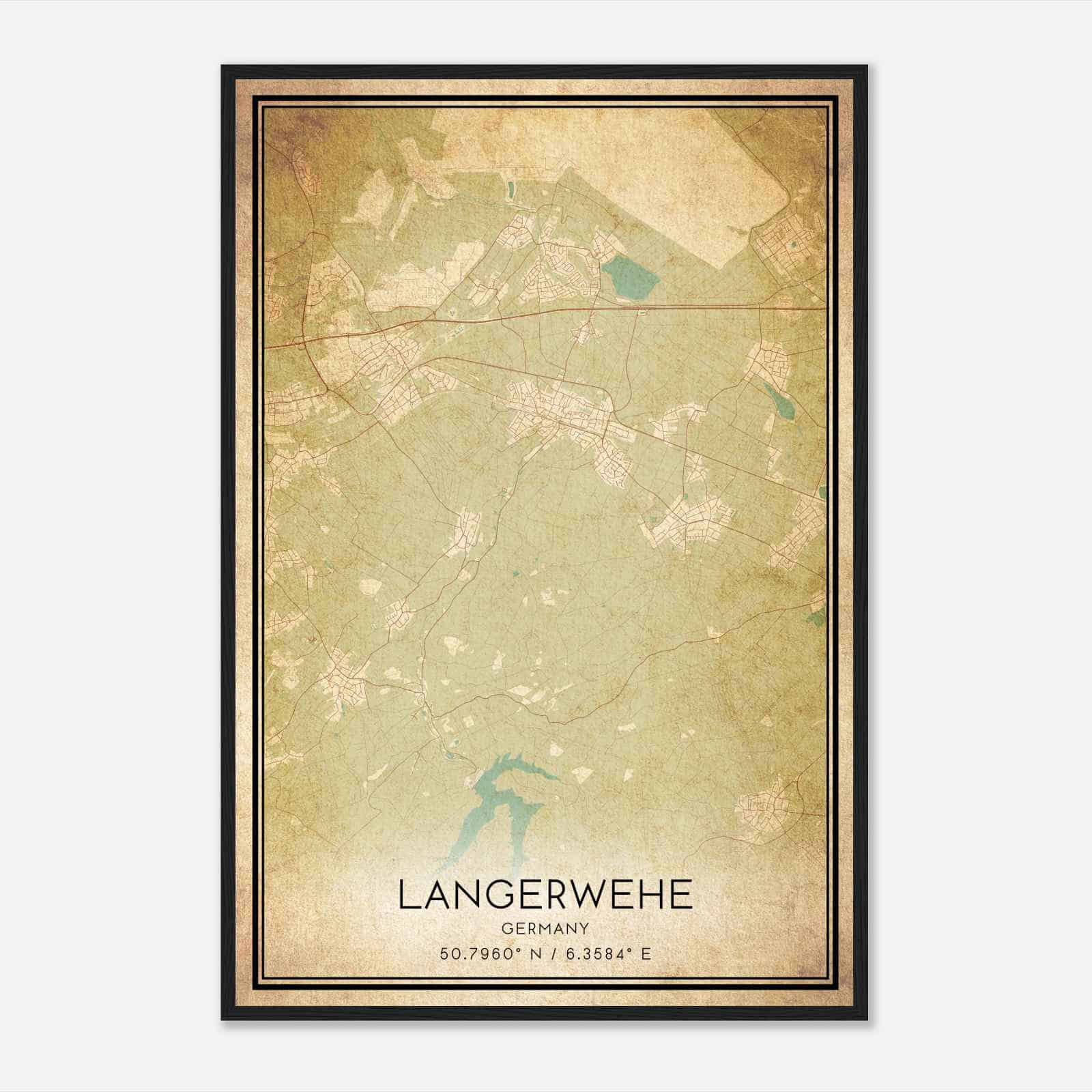 Vintage Langerwehe Germany Map Poster, Langerwehe City Road Wall Art Print