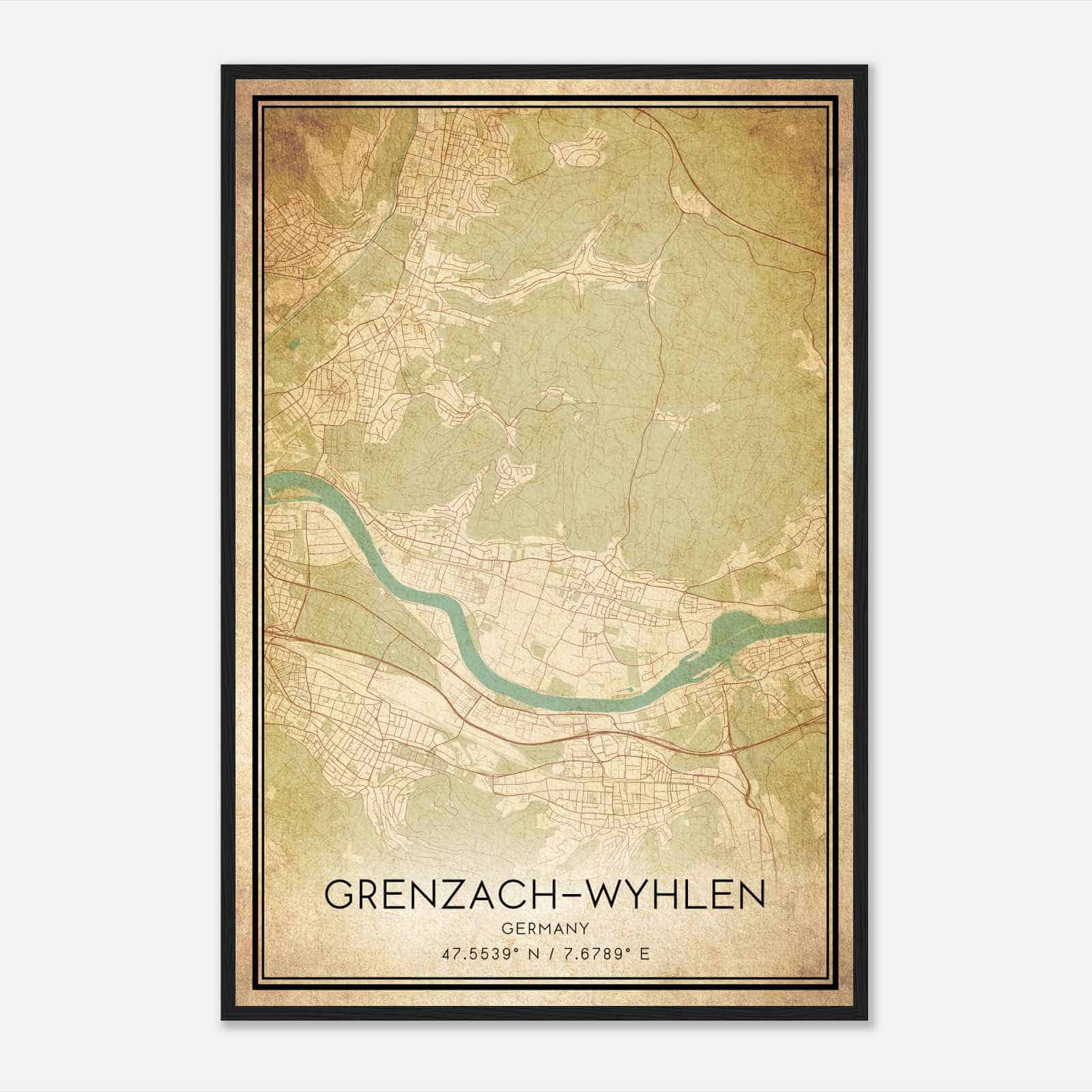 Vintage Grenzach-Wyhlen Germany Map Poster, Grenzach-Wyhlen City Road Wall Art Print