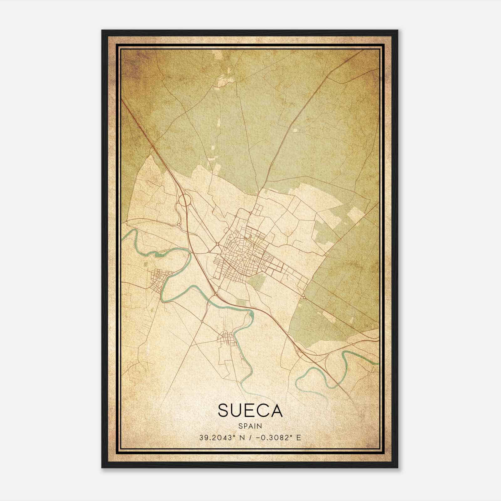 Vintage Sueca Spain Map Poster, Sueca City Road Wall Art Print