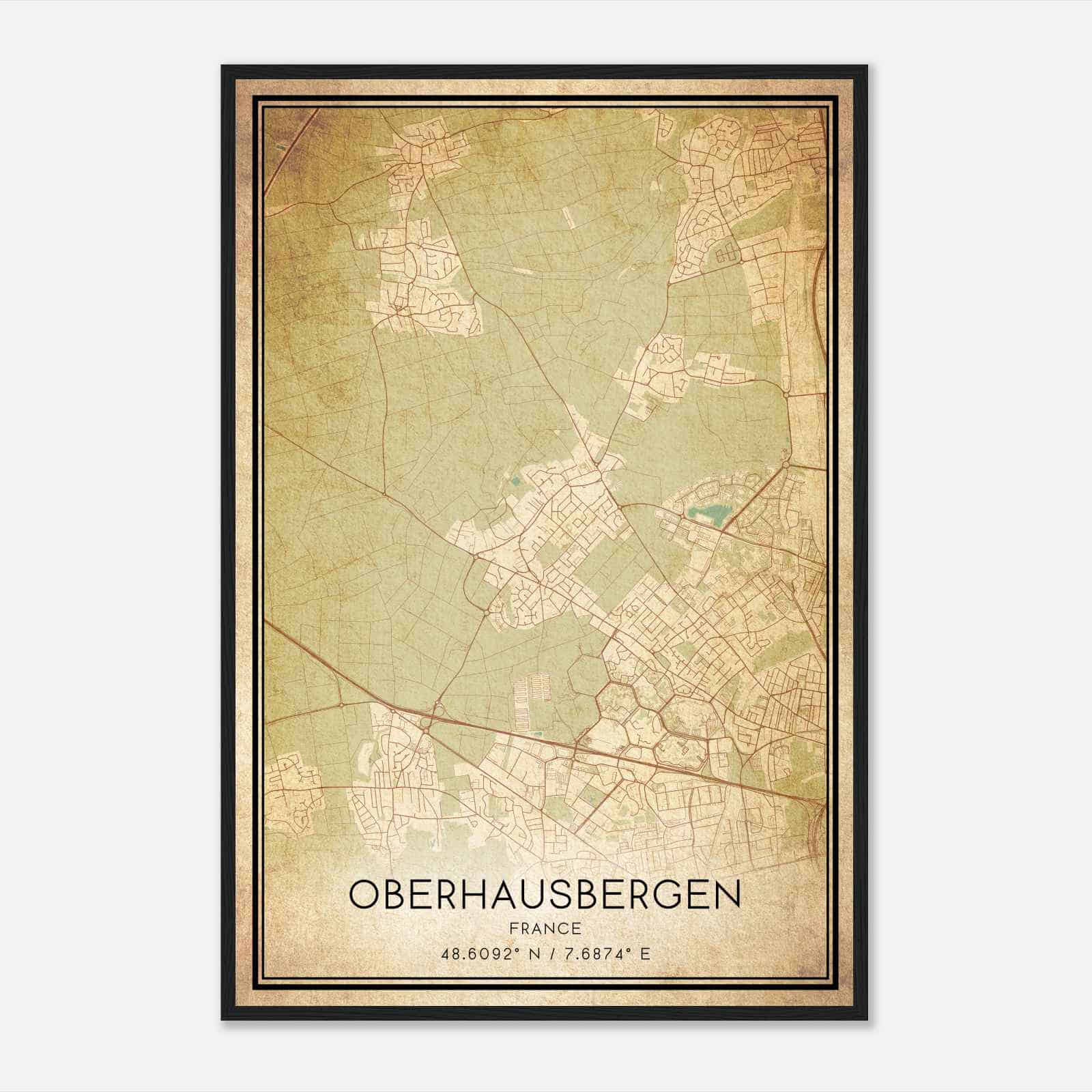 Vintage Oberhausbergen France Map Poster, Oberhausbergen City Road Wall Art Print