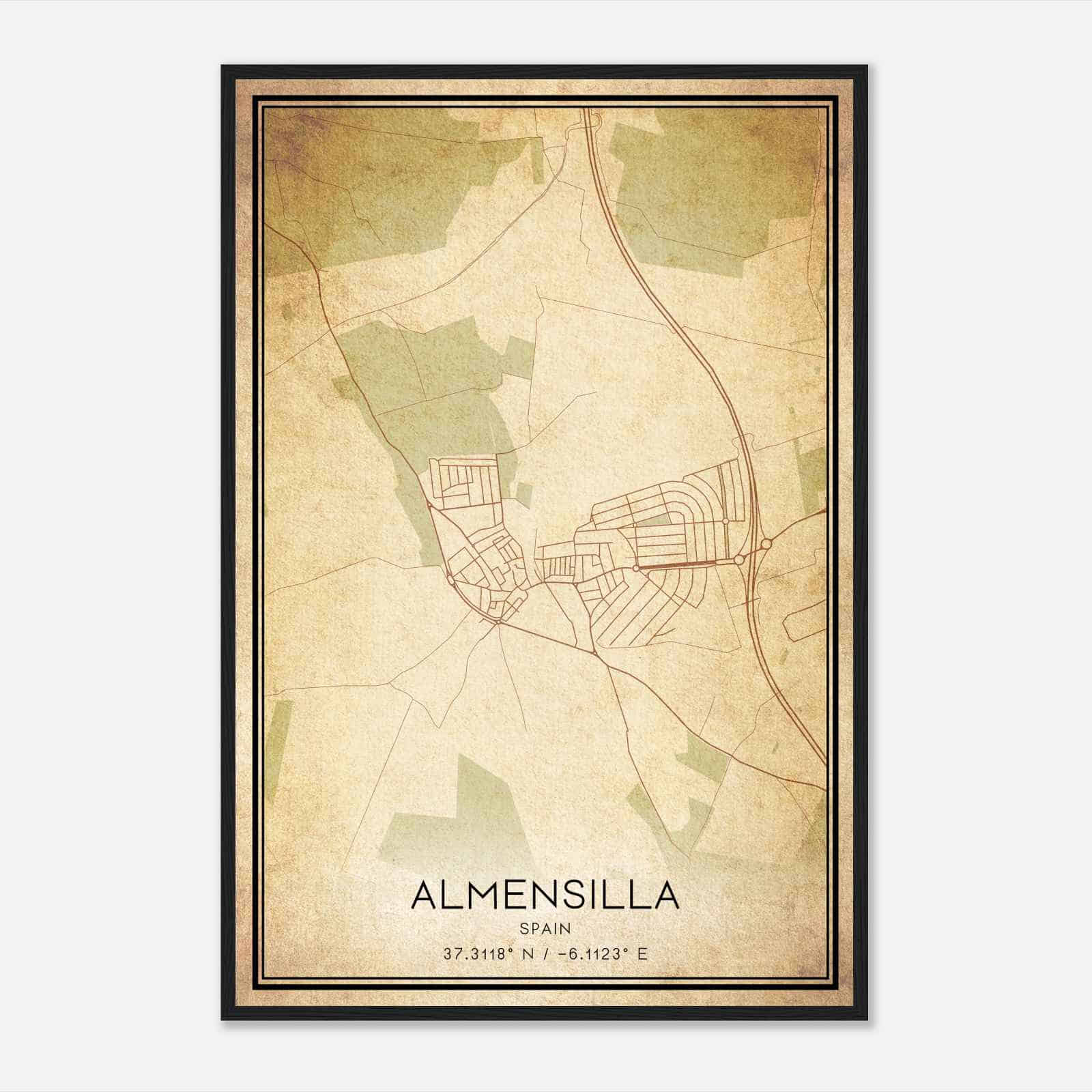 Vintage Almensilla Spain Map Poster, Almensilla City Road Wall Art Print