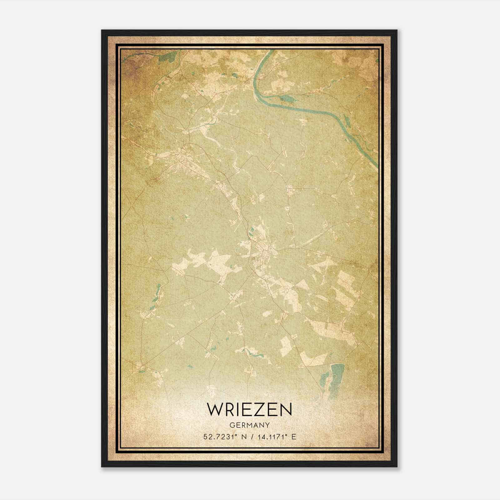 Vintage Wriezen Germany Map Poster, Wriezen City Road Wall Art Print