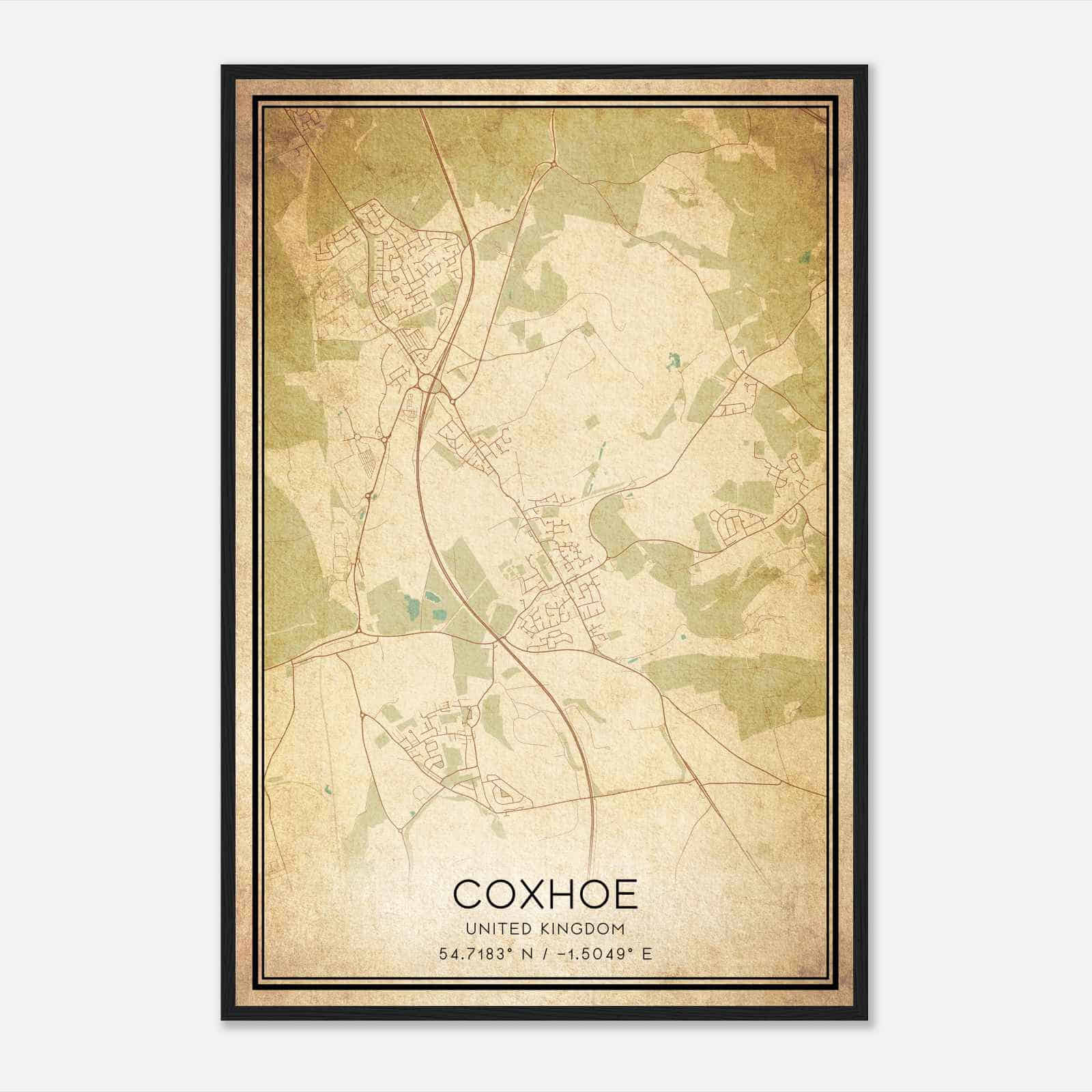 Vintage Coxhoe United Kingdom Map Poster, Coxhoe City Road Wall Art Print