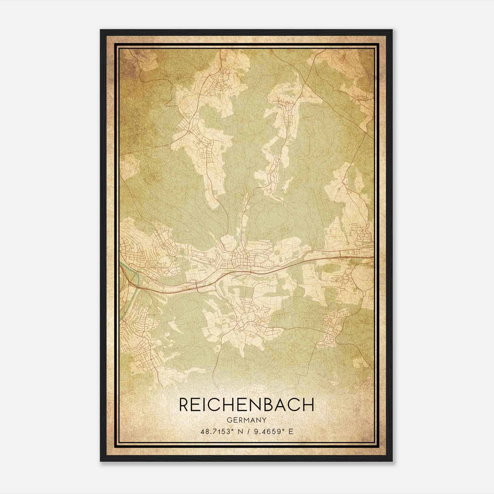Vintage Reichenbach an der Fils Germany Map Poster, Reichenbach an der Fils City Road Wall Art Print