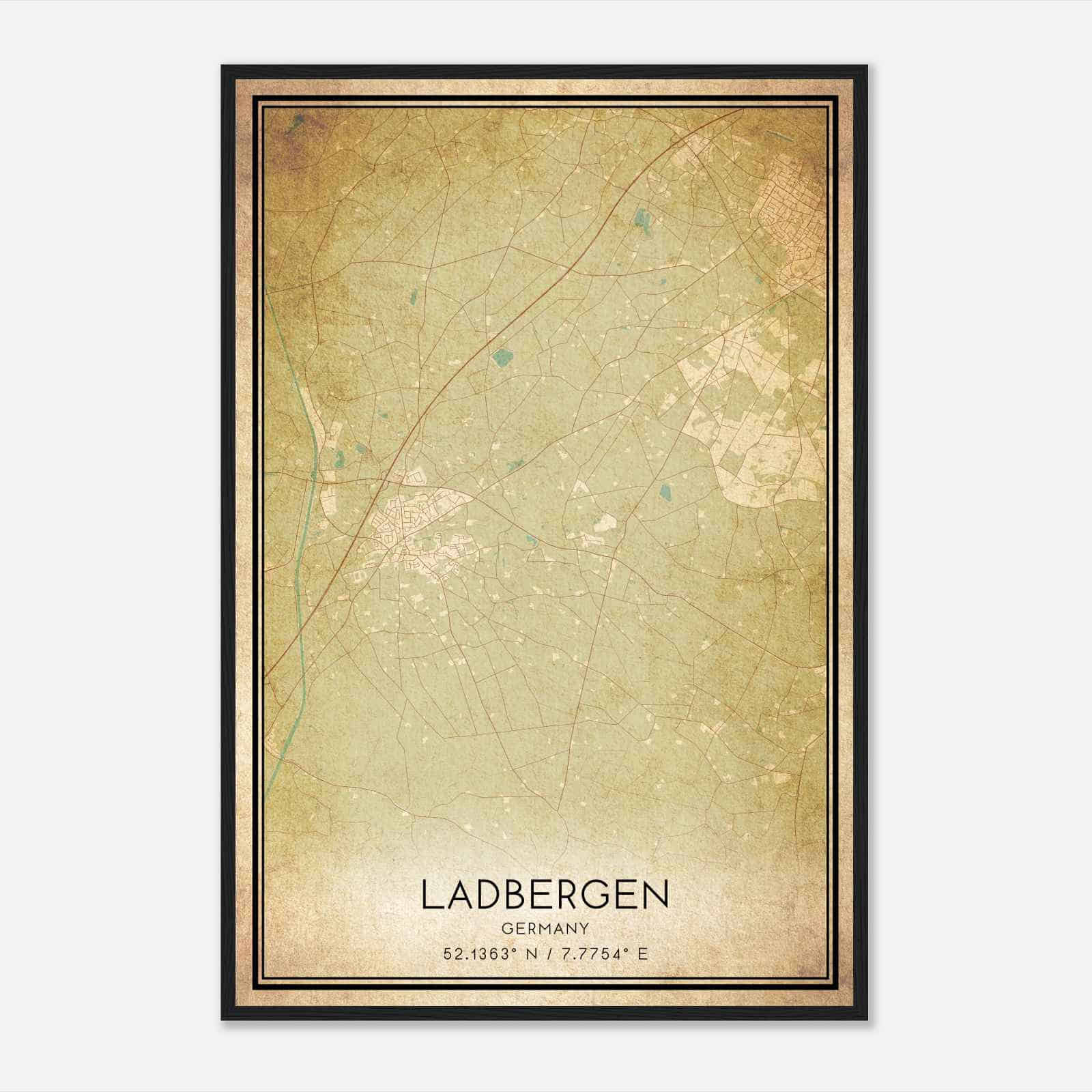 Vintage Ladbergen Germany Map Poster, Ladbergen City Road Wall Art Print