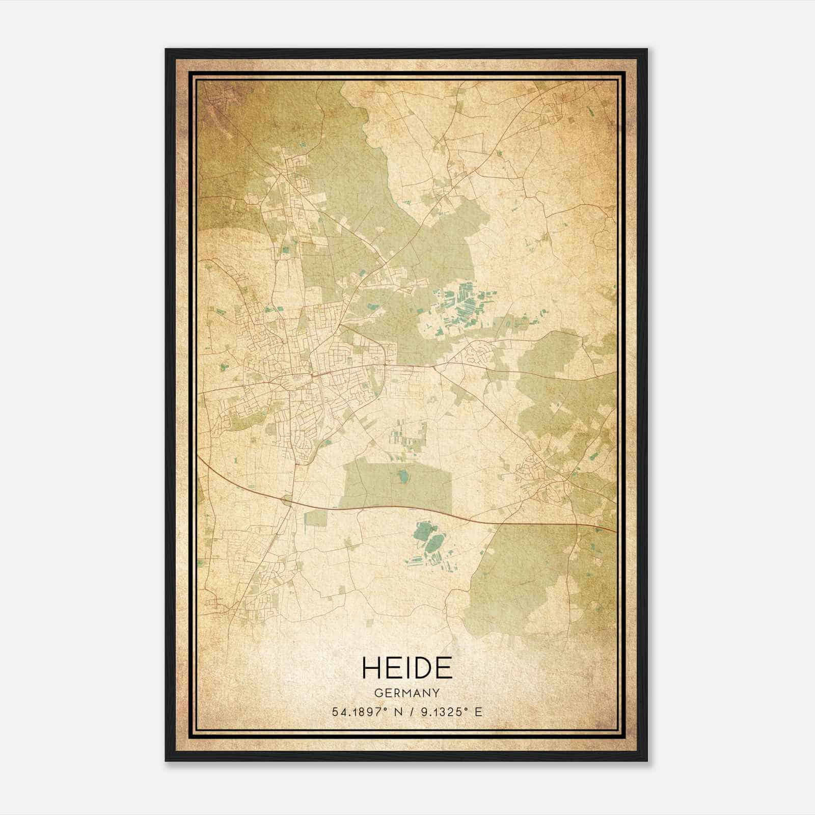 Vintage Heide Germany Map Poster, Heide City Road Wall Art Print