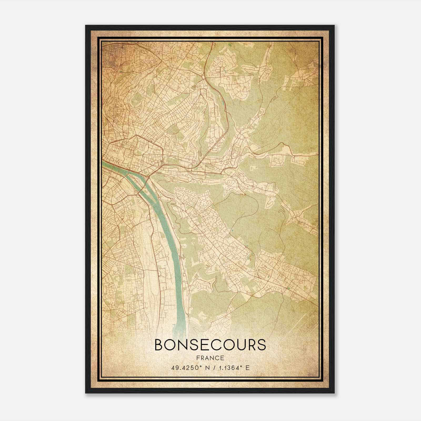 Vintage Bonsecours France Map Poster, Bonsecours City Road Wall Art Print