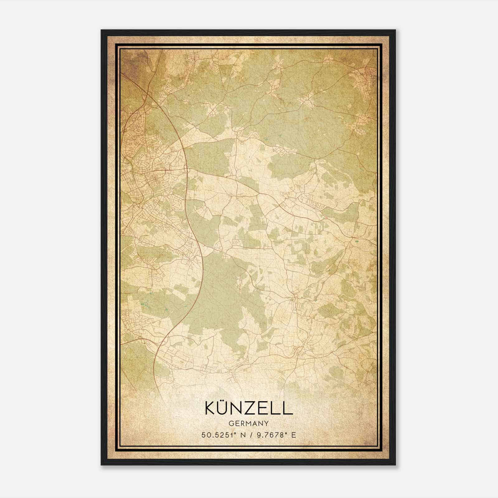 Vintage Kunzell Germany Map Poster, Kunzell City Road Wall Art Print