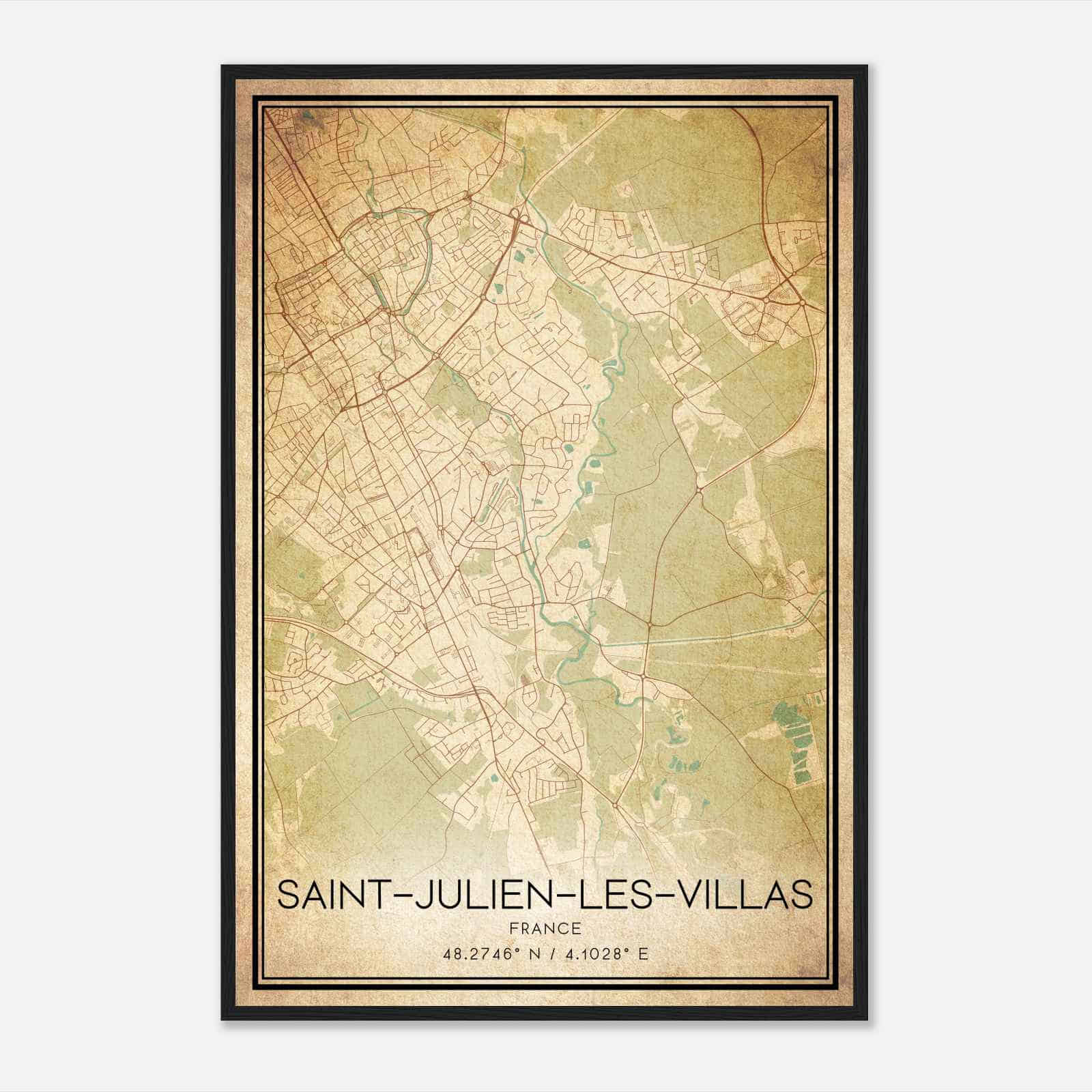 Vintage Saint-Julien-les-Villas France Map Poster, Saint-Julien-les-Villas City Road Wall Art Print