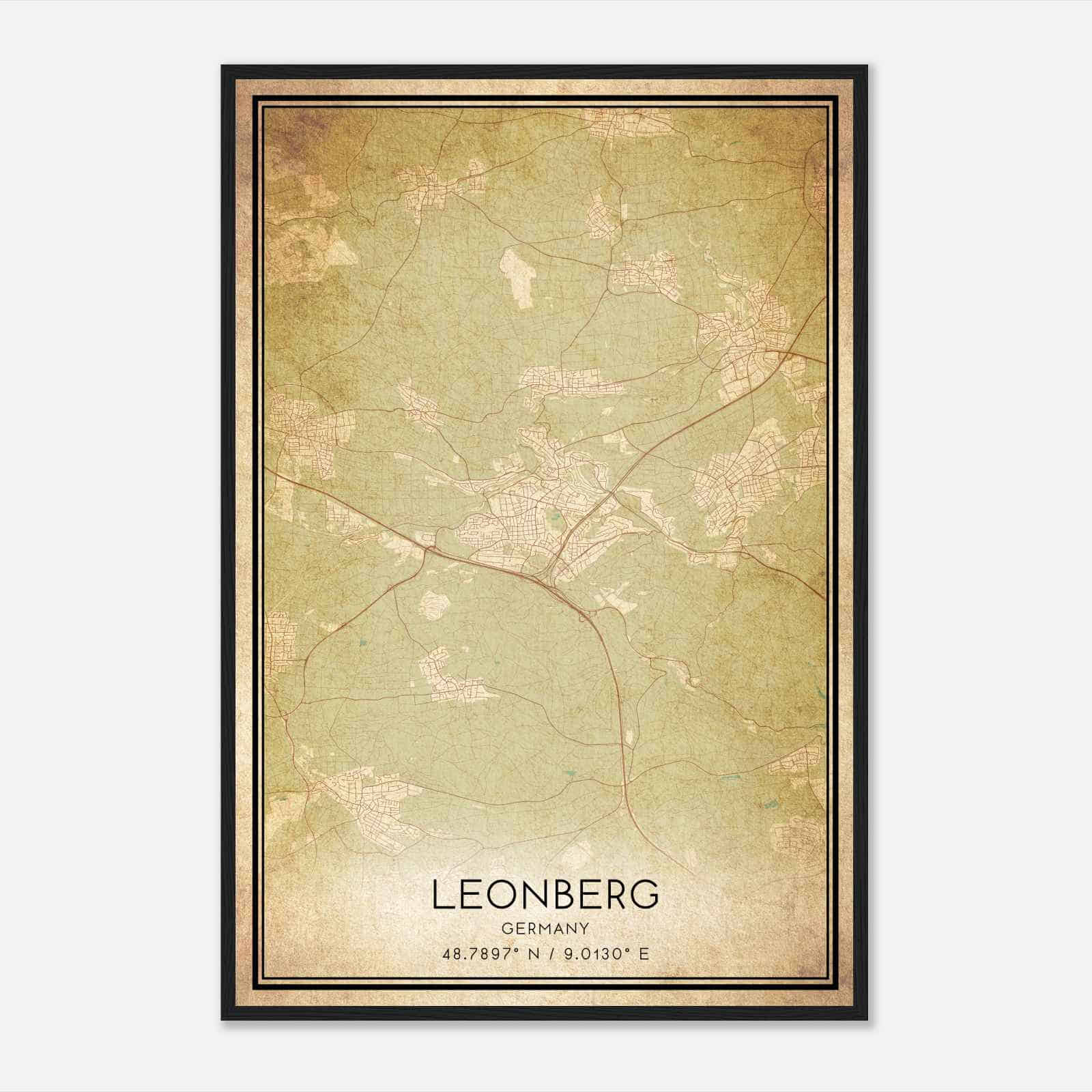 Vintage Leonberg Germany Map Poster, Leonberg City Road Wall Art Print