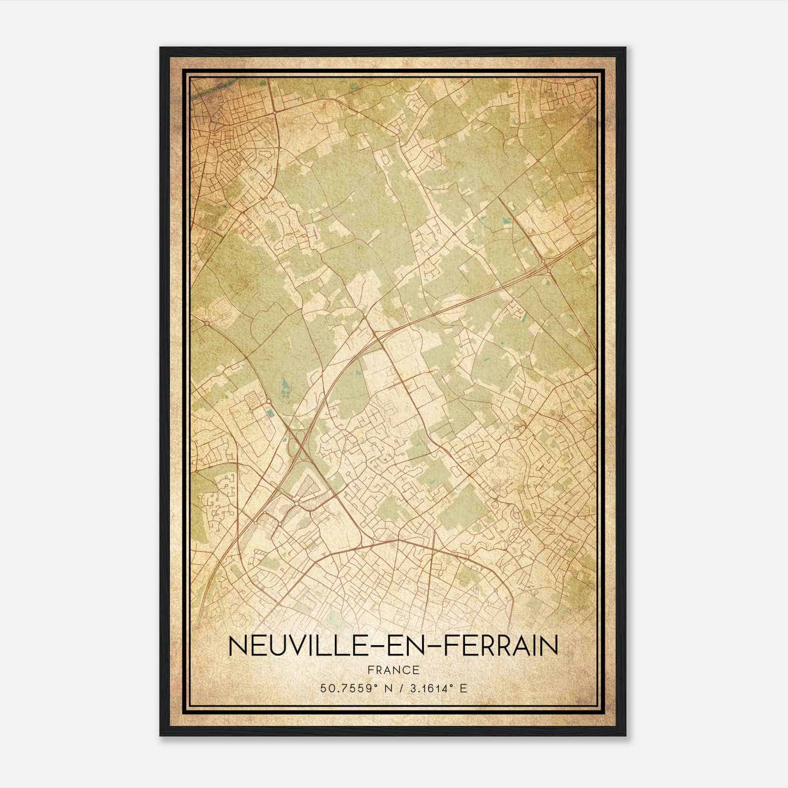 Vintage Neuville-en-Ferrain France Map Poster, Neuville-en-Ferrain City Road Wall Art Print