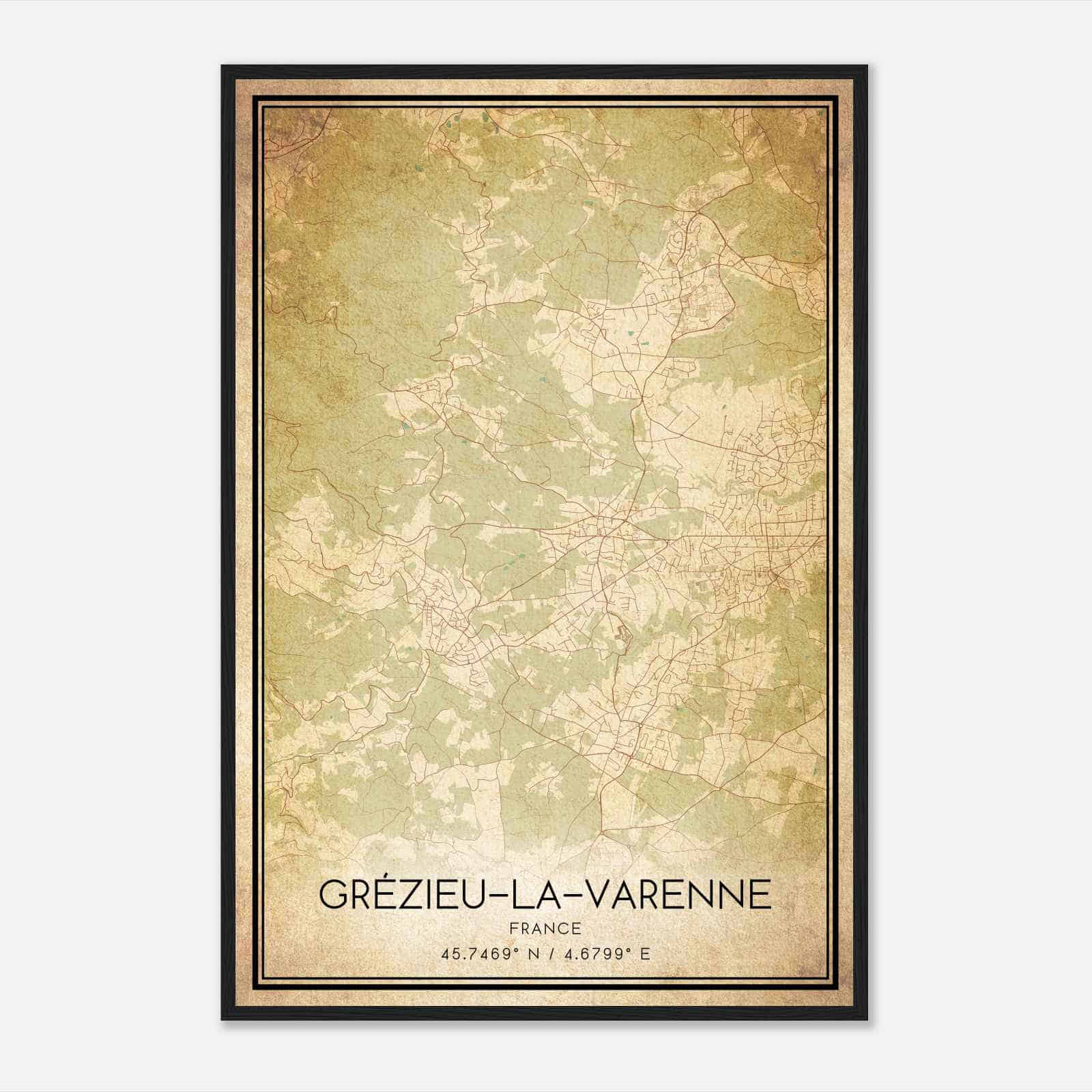 Vintage Grezieu-la-Varenne France Map Poster, Grezieu-la-Varenne City Road Wall Art Print