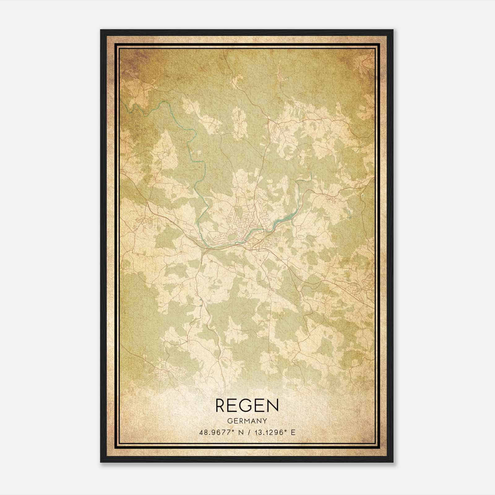 Vintage Regen Germany Map Poster, Regen City Road Wall Art Print