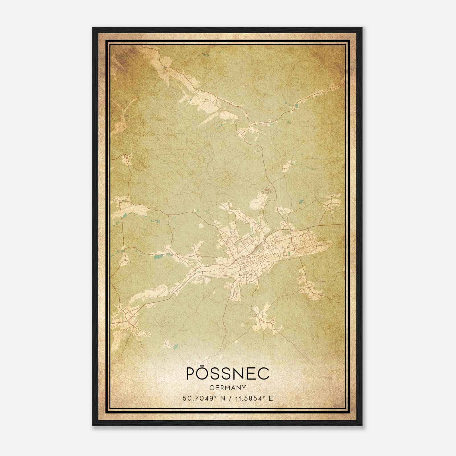 Vintage Possneck Germany Map Poster, Possneck City Road Wall Art Print