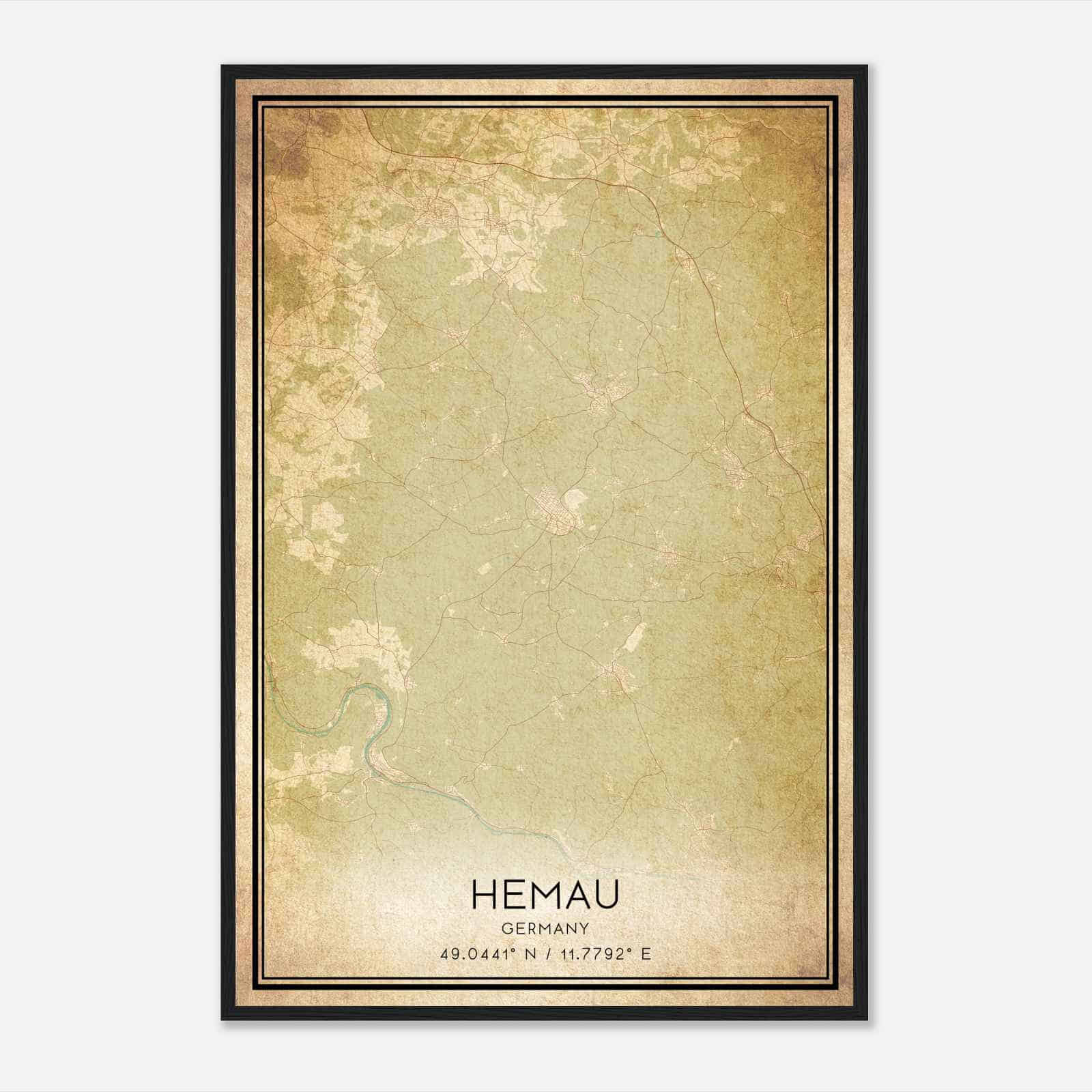 Vintage Hemau Germany Map Poster, Hemau City Road Wall Art Print